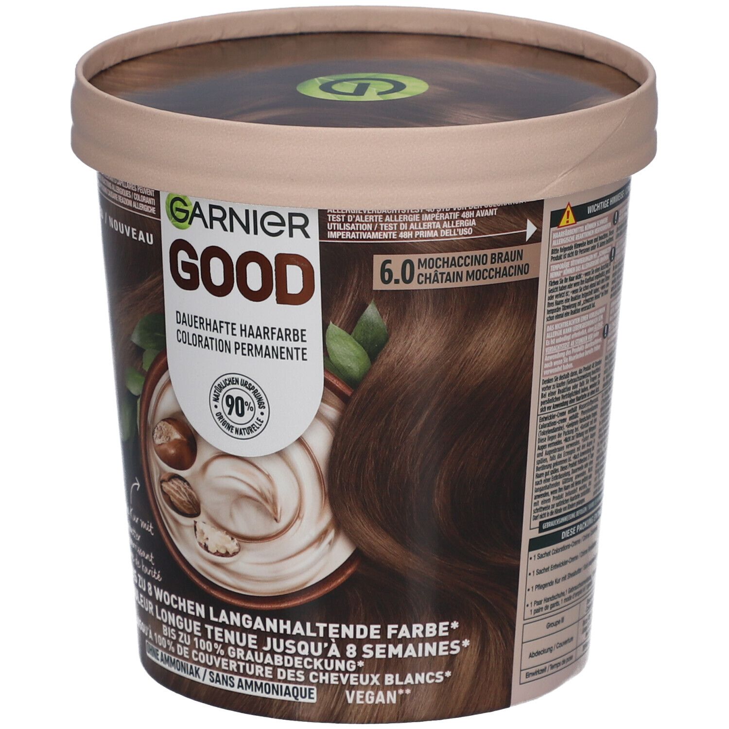 Garnier Good haarkleur 6.0 Moccaccino Braun. Verpakking met productafbeelding, ingrediënten en merklogo.
