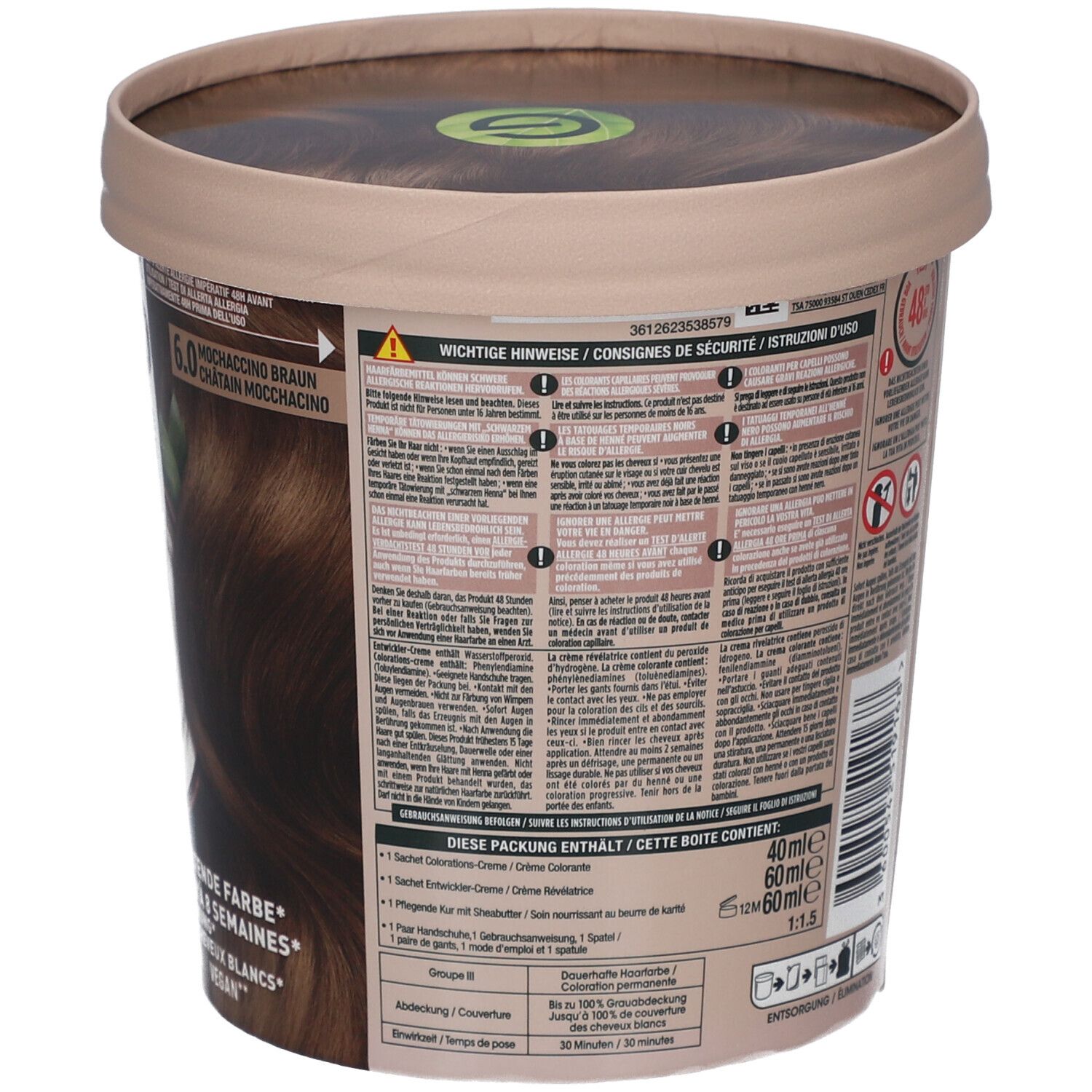 Garnier Good haarkleur, achterkant van de verpakking. Bevat informatie over ingrediënten, gebruik en resultaten.