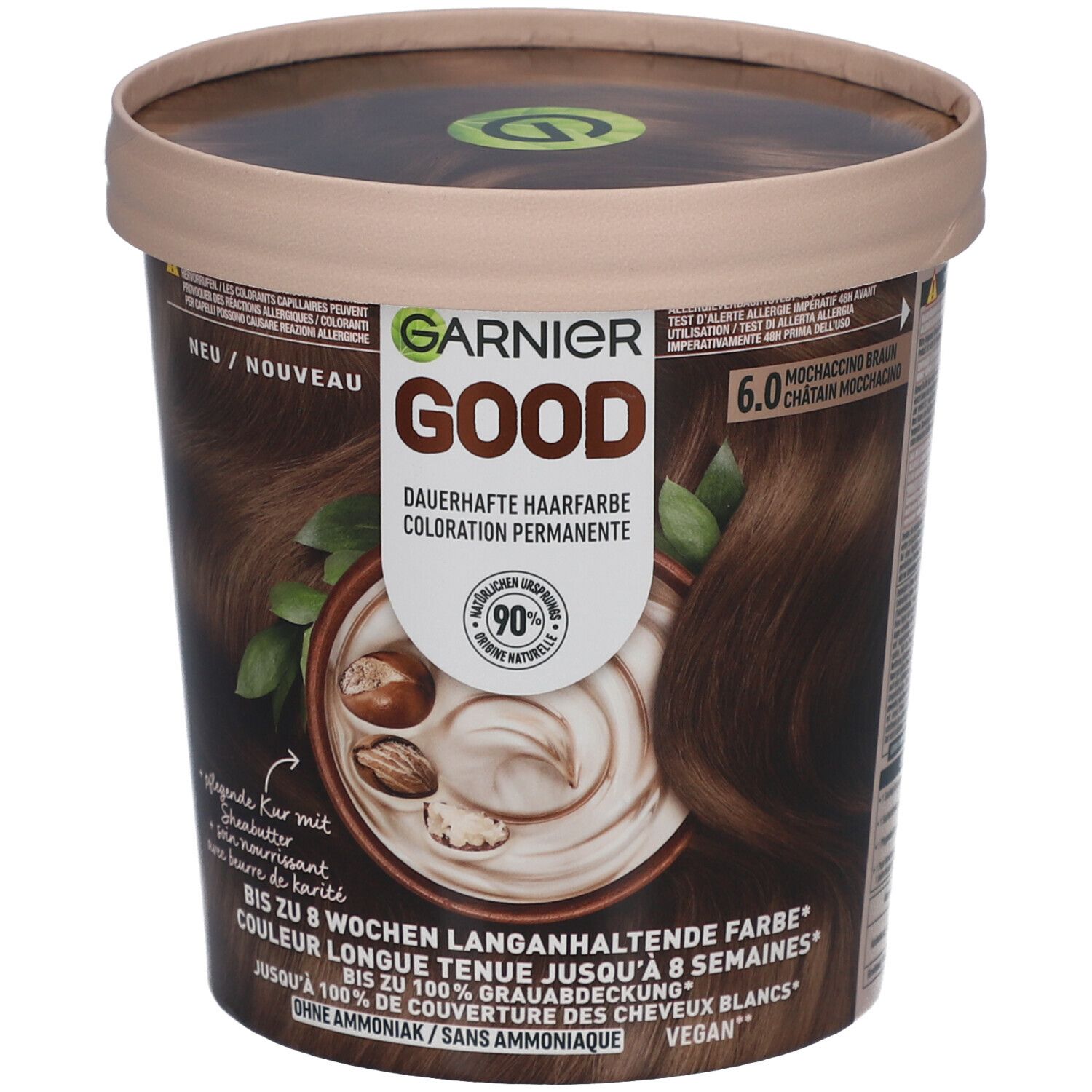Garnier Good haarkleur 6.0 Moccaccino Braun. Verpakking met productafbeelding, ingrediënten en merklogo.