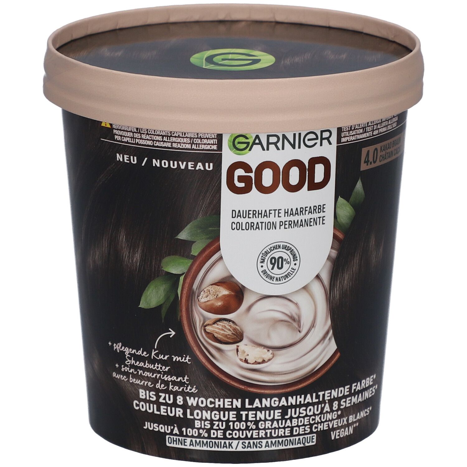 Garnier Good permanente haarkleur 4.0 Kastanjebruin Cacao. Ronde verpakking met productafbeelding en tekst. Vegan.