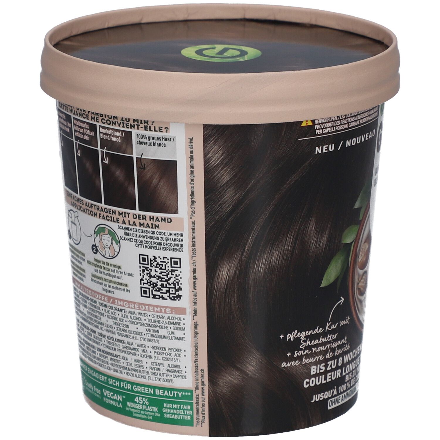 Garnier Good, achterkant van de verpakking. Bevat informatie over gebruik en ingrediënten. Vegan.