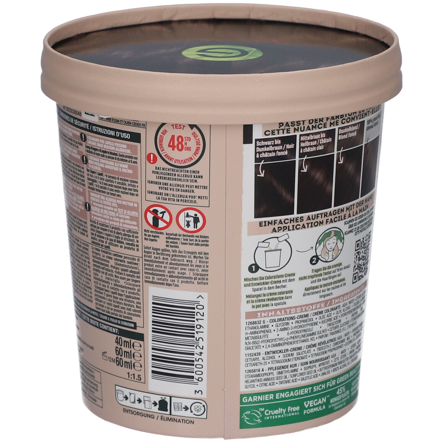 Garnier Good, achterkant van de verpakking. Bevat instructies en ingrediënten. Vegan.