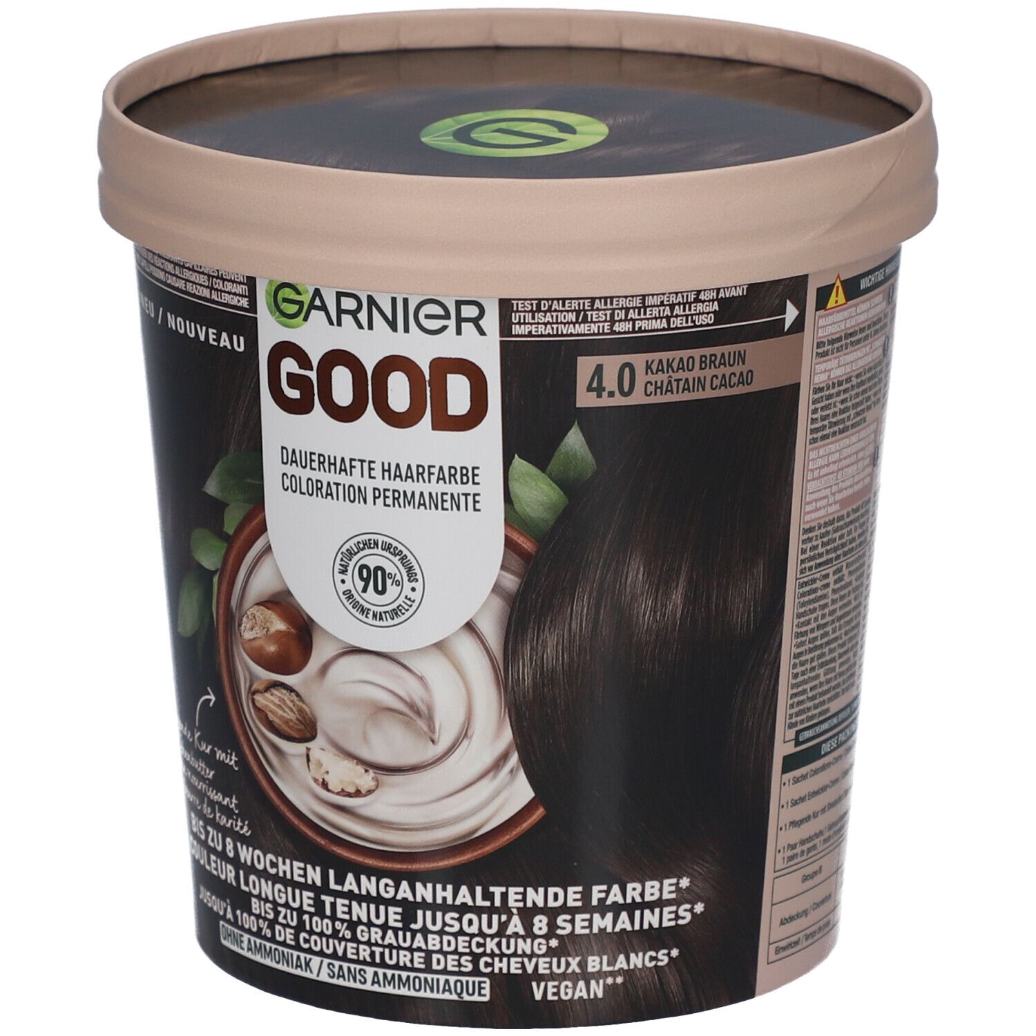 Garnier Good permanente haarkleur 4.0 Kastanjebruin Cacao. Ronde verpakking met productafbeelding en tekst. Vegan.