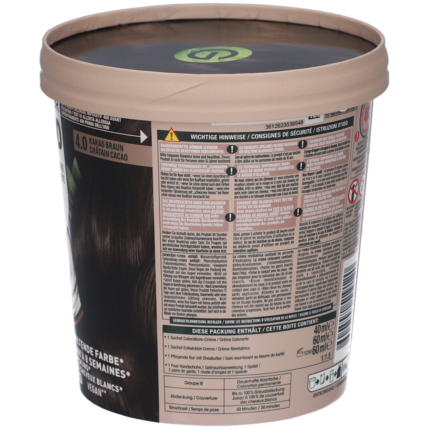 Garnier Good, achterkant van de verpakking. Bevat informatie en instructies. Vegan.