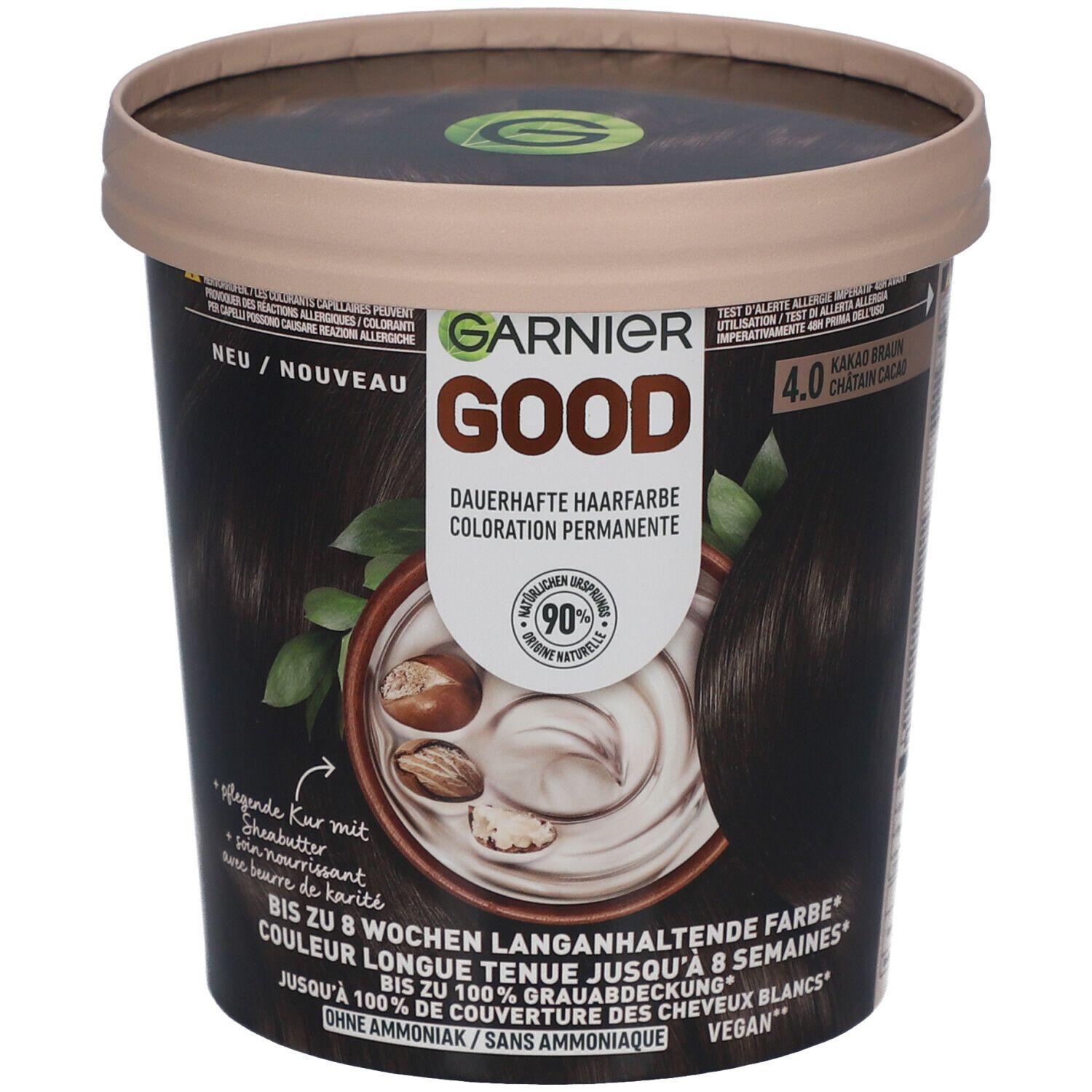 Garnier Good permanente haarkleur 4.0 Kastanjebruin Cacao. Ronde verpakking met productafbeelding en tekst. Vegan.