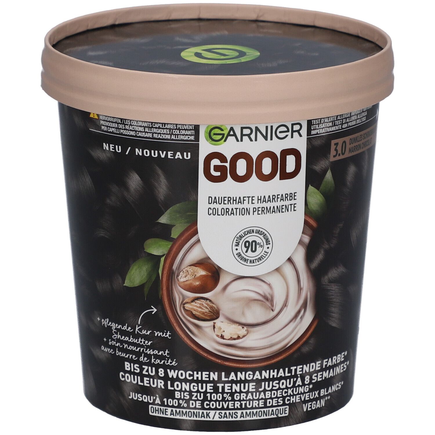 Garnier Good permanente kleuring, pot. Donkerbruin chocoladezwart. Vegan. 90% ingrediënten van natuurlijke oorsprong. Tot 8 weken.