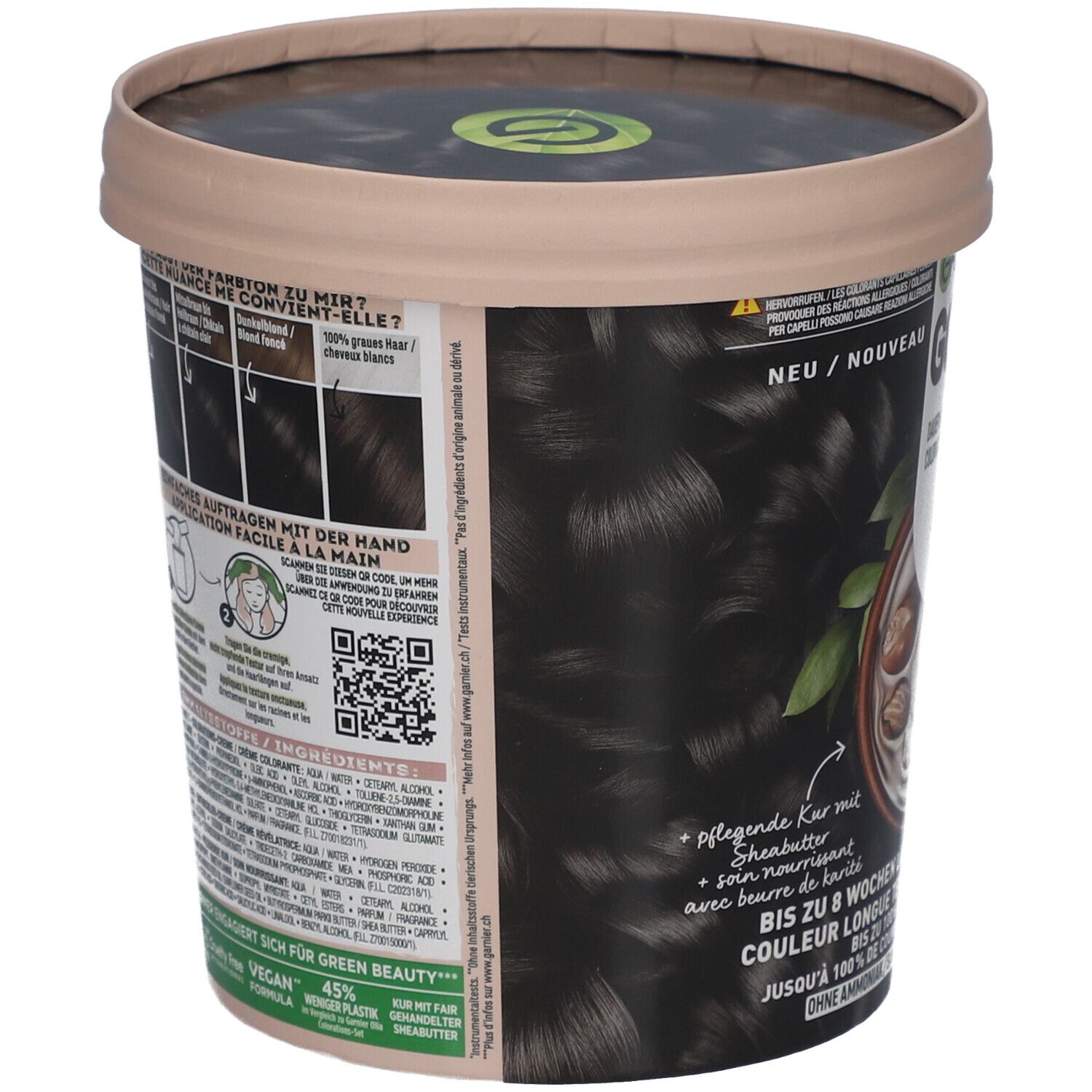 Garnier Good kleuring, pot. Achterkant met instructies en ingrediënten. Vegan. 45% minder plastic. QR-code.