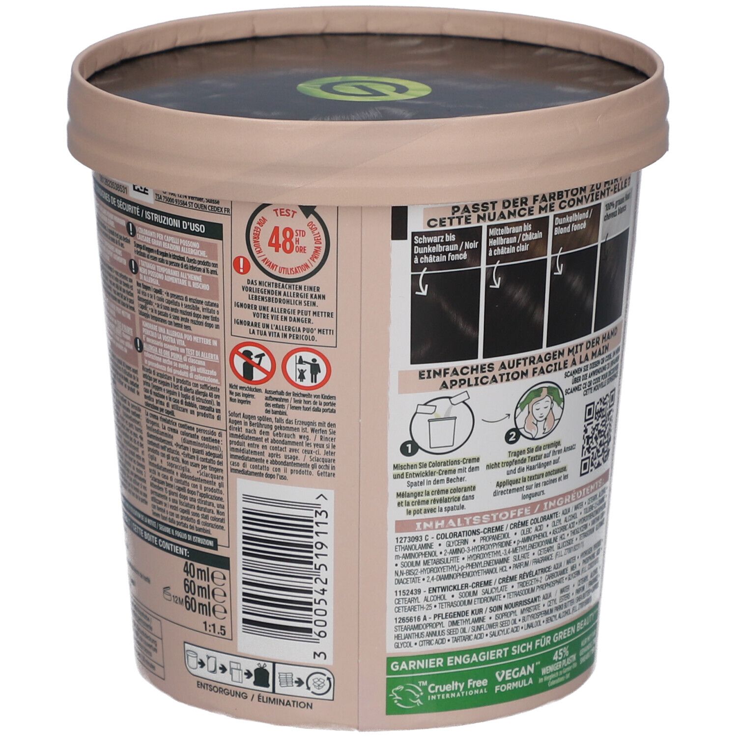 Garnier Good kleuring, pot. Achterkant met instructies en ingrediënten. Vegan. 48 uur allergietest.