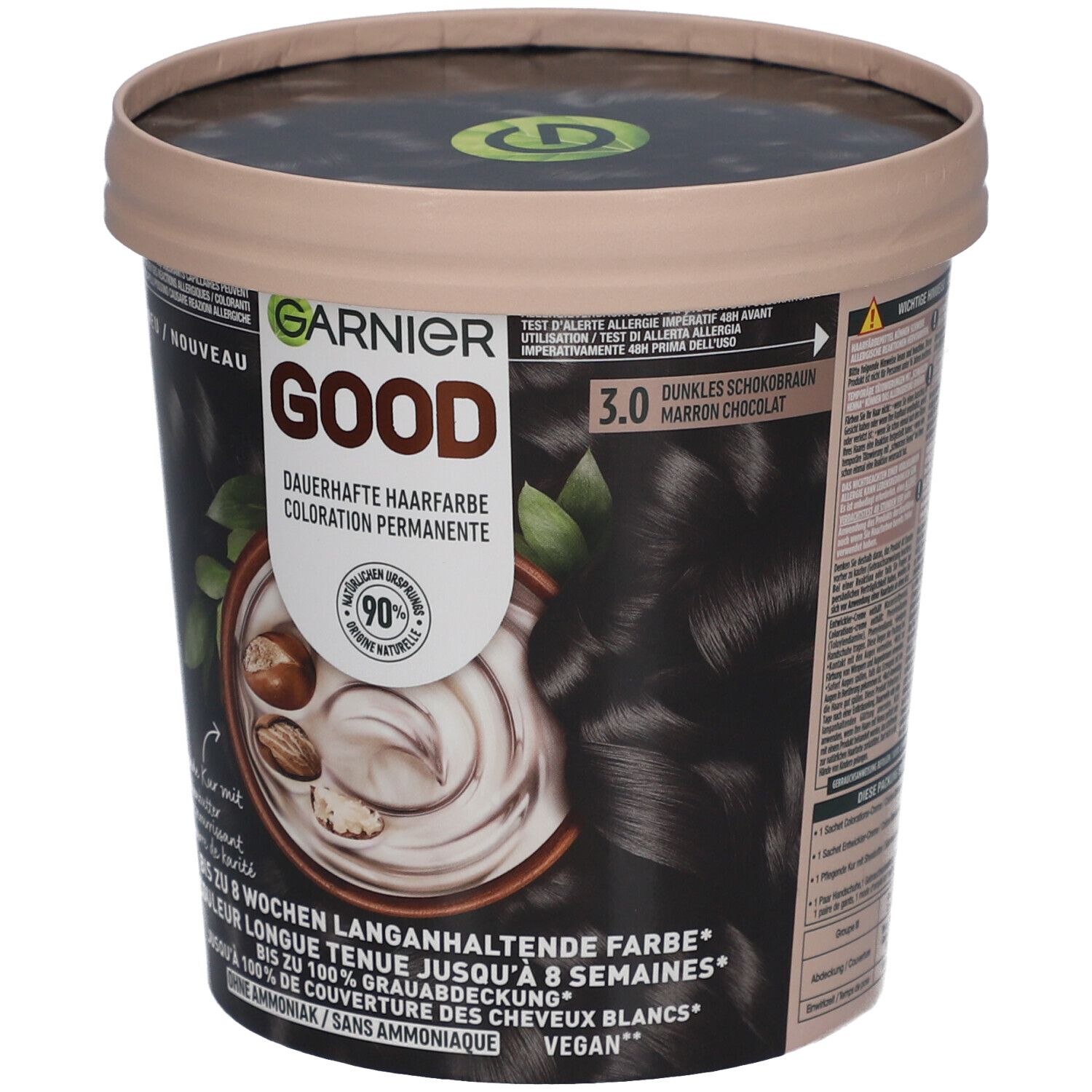 Garnier Good permanente kleuring, pot. Donkerbruin chocoladezwart. 3.0. Vegan. 90% ingrediënten van natuurlijke oorsprong. Tot 8 weken.