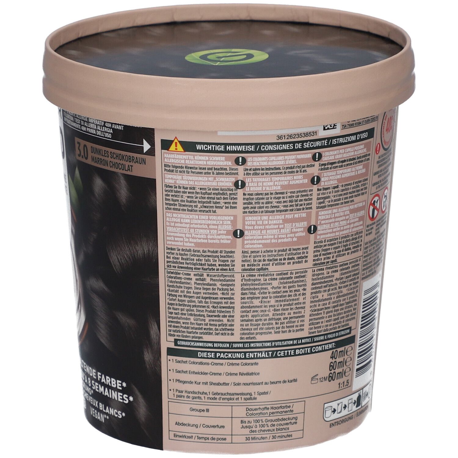 Garnier Good kleuring, pot. Achterkant met ingrediënten en instructies. Donkerbruin chocoladezwart. 3.0. Vegan.