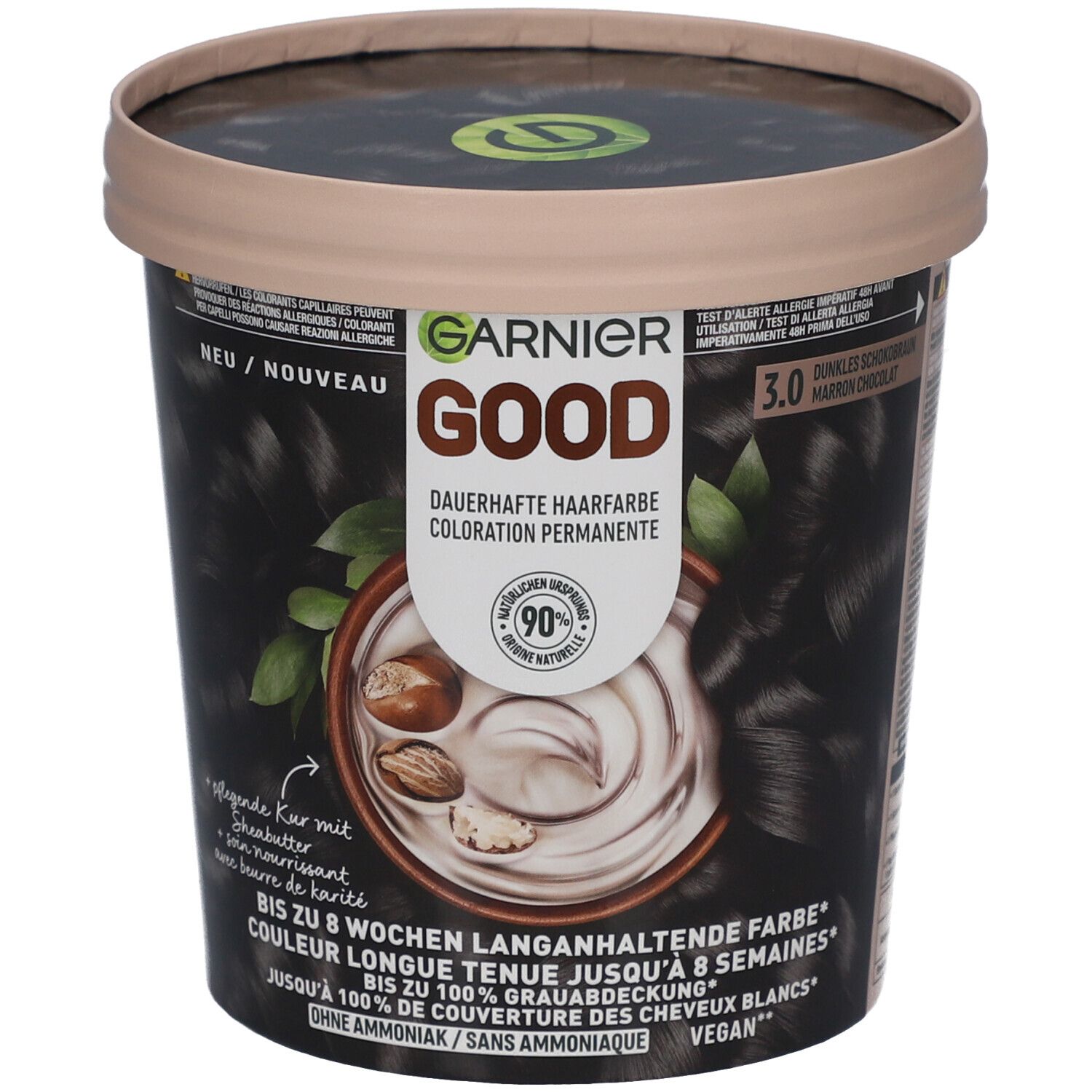 Garnier Good permanente kleuring, pot. Donkerbruin chocoladezwart. Vegan. 90% ingrediënten van natuurlijke oorsprong. Tot 8 weken.