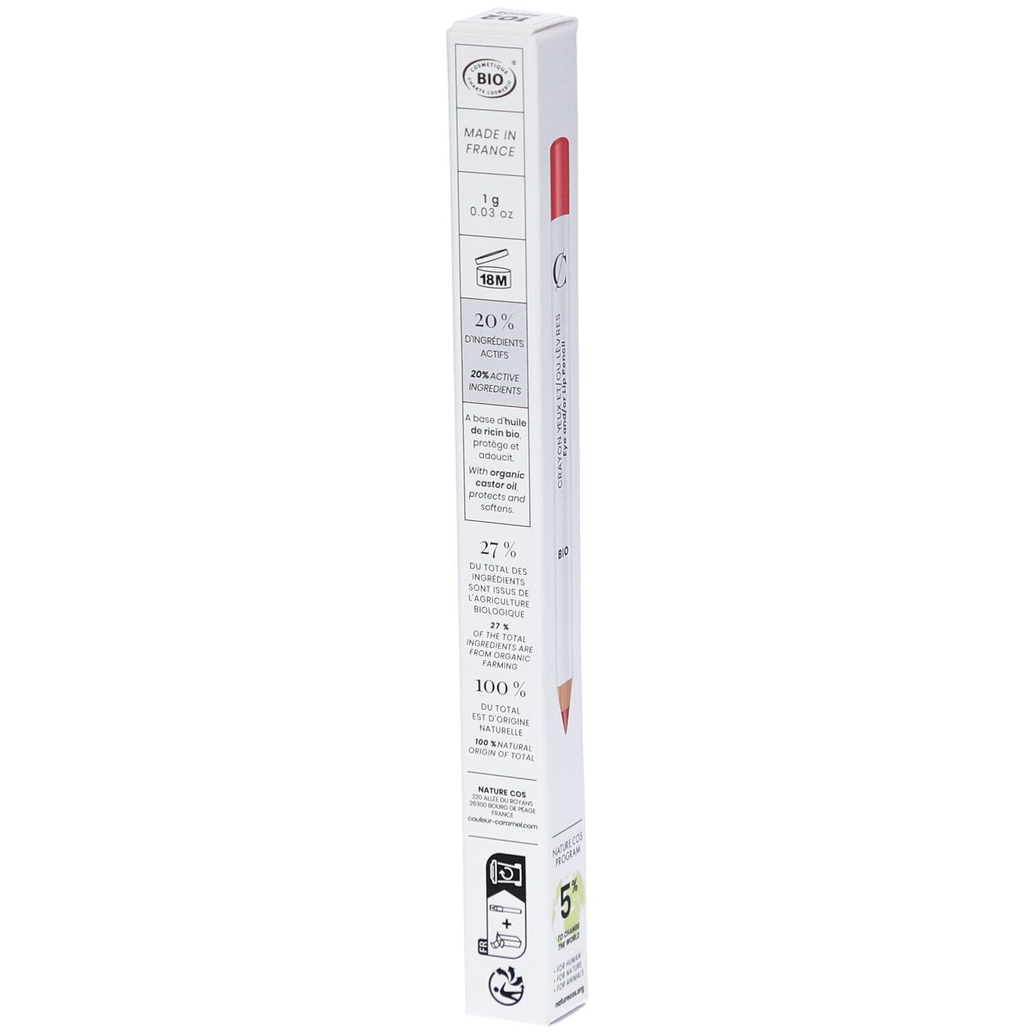 Emballage d'un crayon yeux et lèvres. Inscription: COULEUR CARAMEL, Crayon Yeux Et/Ou Lèvres, BIO. Détails des ingrédients.