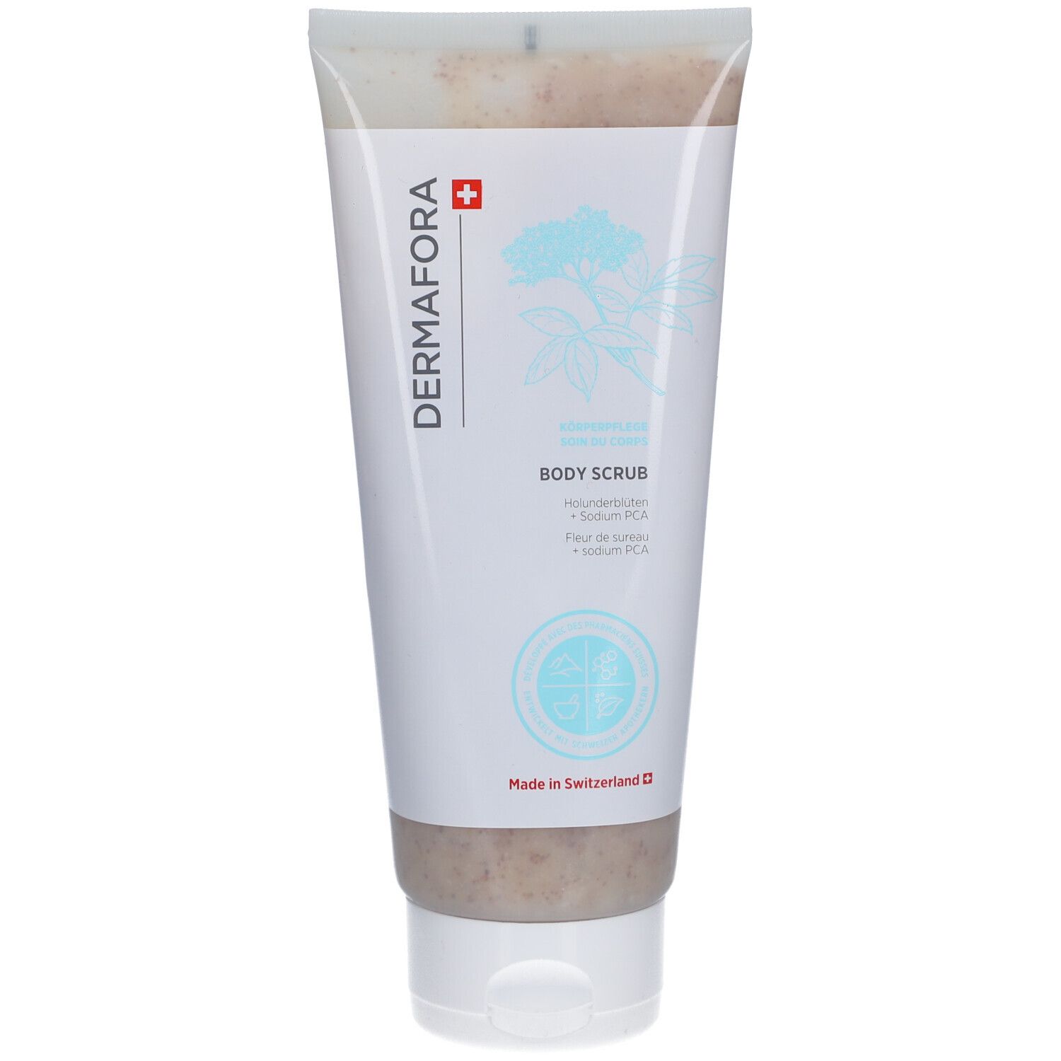 Tube de gommage corporel blanc avec nom et ingrédients. Croix suisse et logo. Texte du produit au dos.