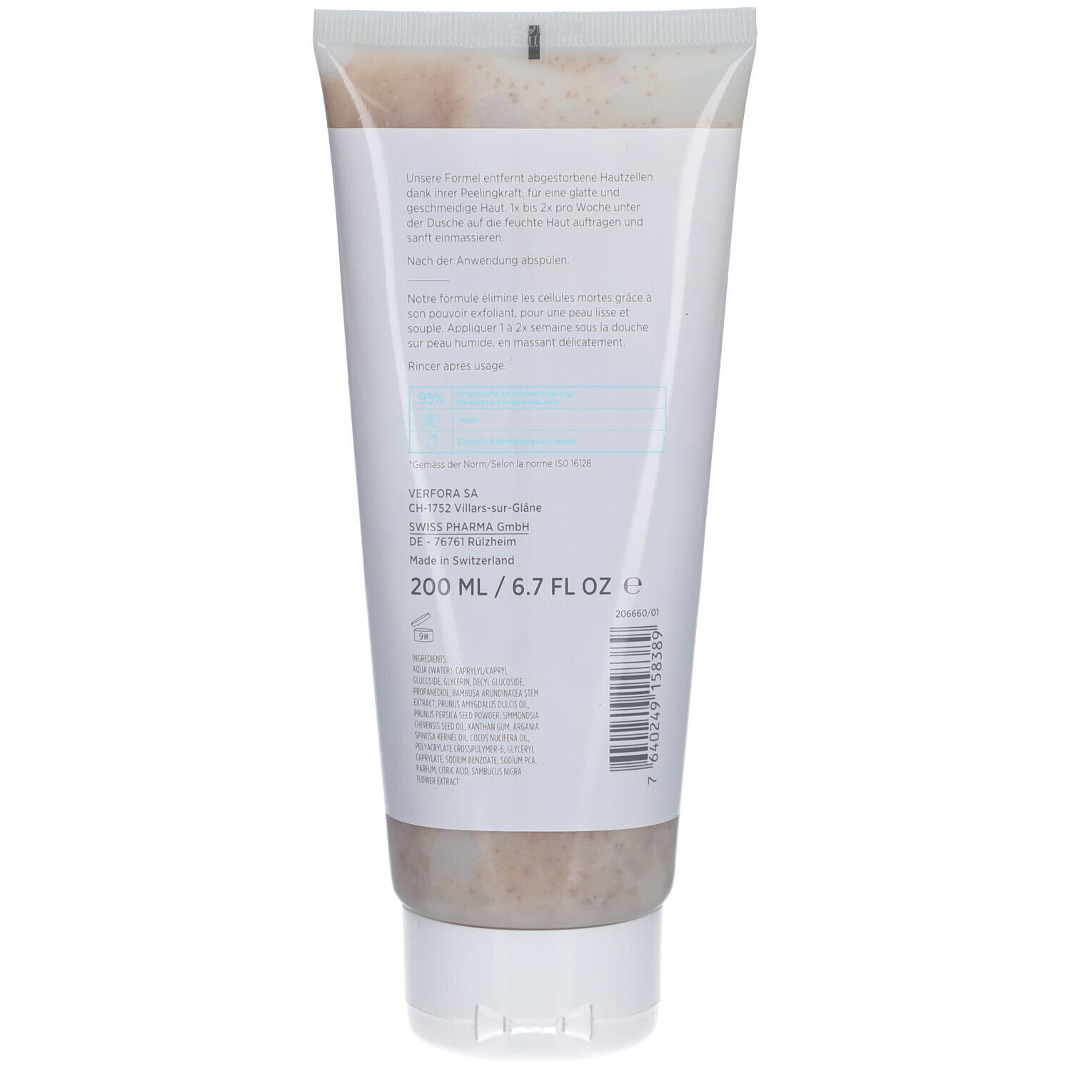 Dos du tube de gommage corporel. Texte en plusieurs langues. Informations fabricant et indication de volume.