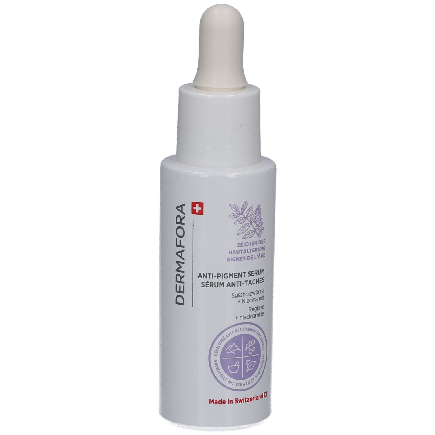 Flacon blanc avec pipette. Inscription: Dermafora, Sérum anti-taches. Croix suisse.