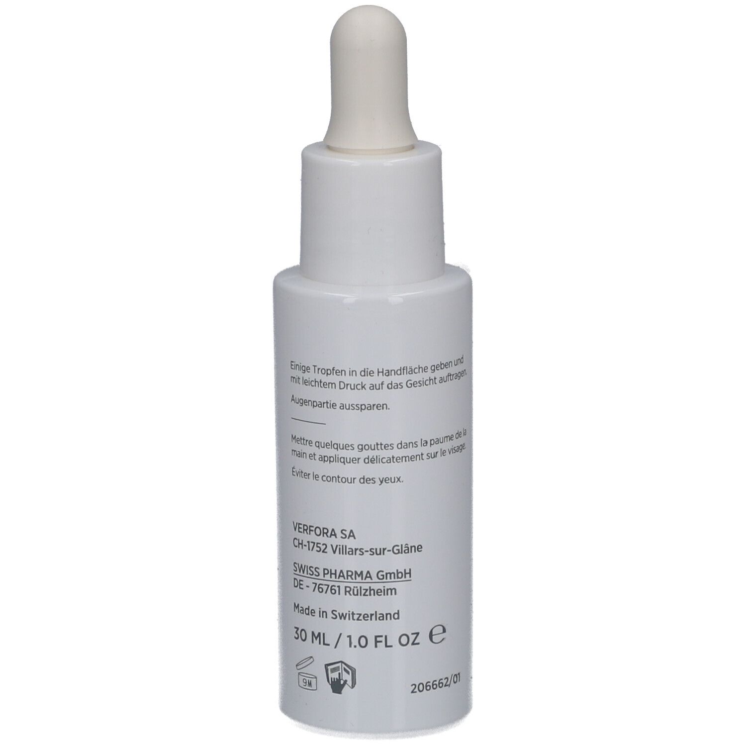 Flacon blanc avec pipette. Texte sur le côté. Croix suisse. 30 ml/1.0 FL OZ E.