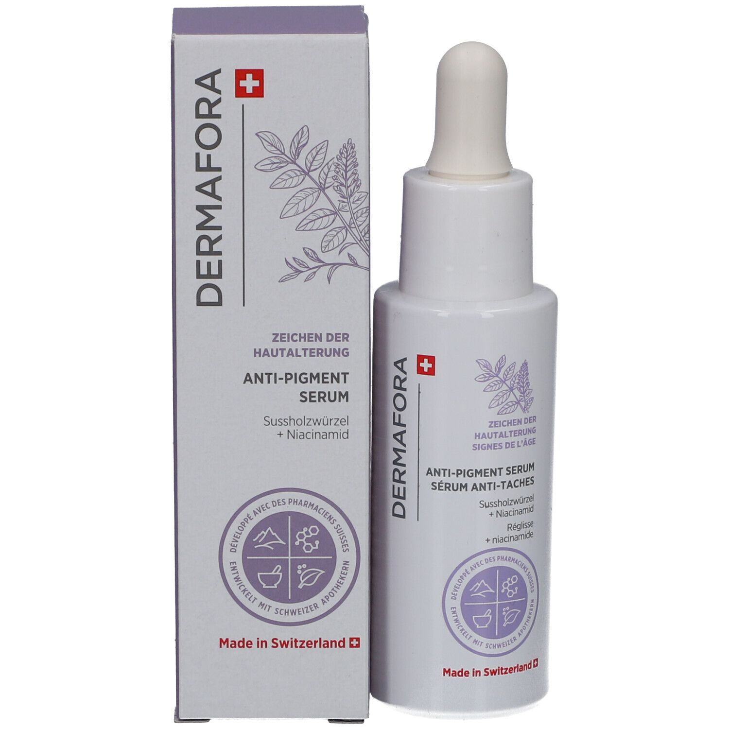 Produit avec emballage. Flacon blanc avec pipette et carton. Inscription: Dermafora, Sérum anti-taches.