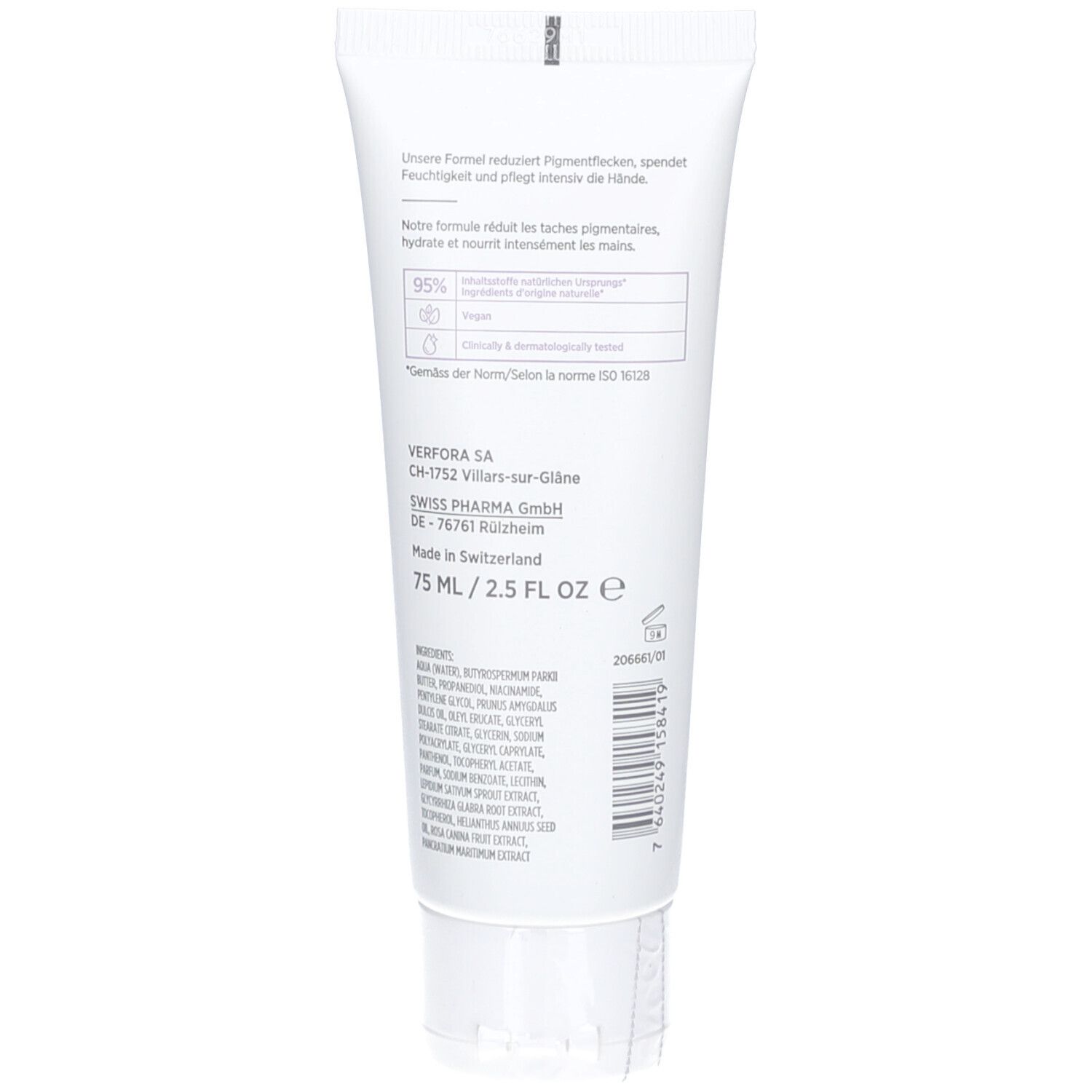 Dos du tube blanc. Texte: Ingrédients, adresse du fabricant, 75 ml/2.5 FL OZ. Fabriqué en Suisse.