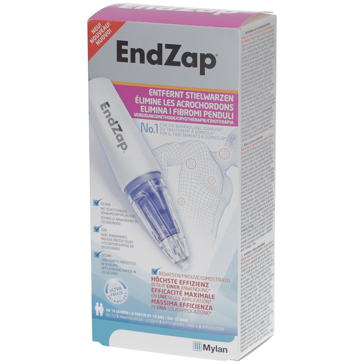 Productverpakking van EndZap. Bevat een applicator-achtig apparaat. Tekst: Verwijdert steelwratten. No.1. Ultra Freeze.