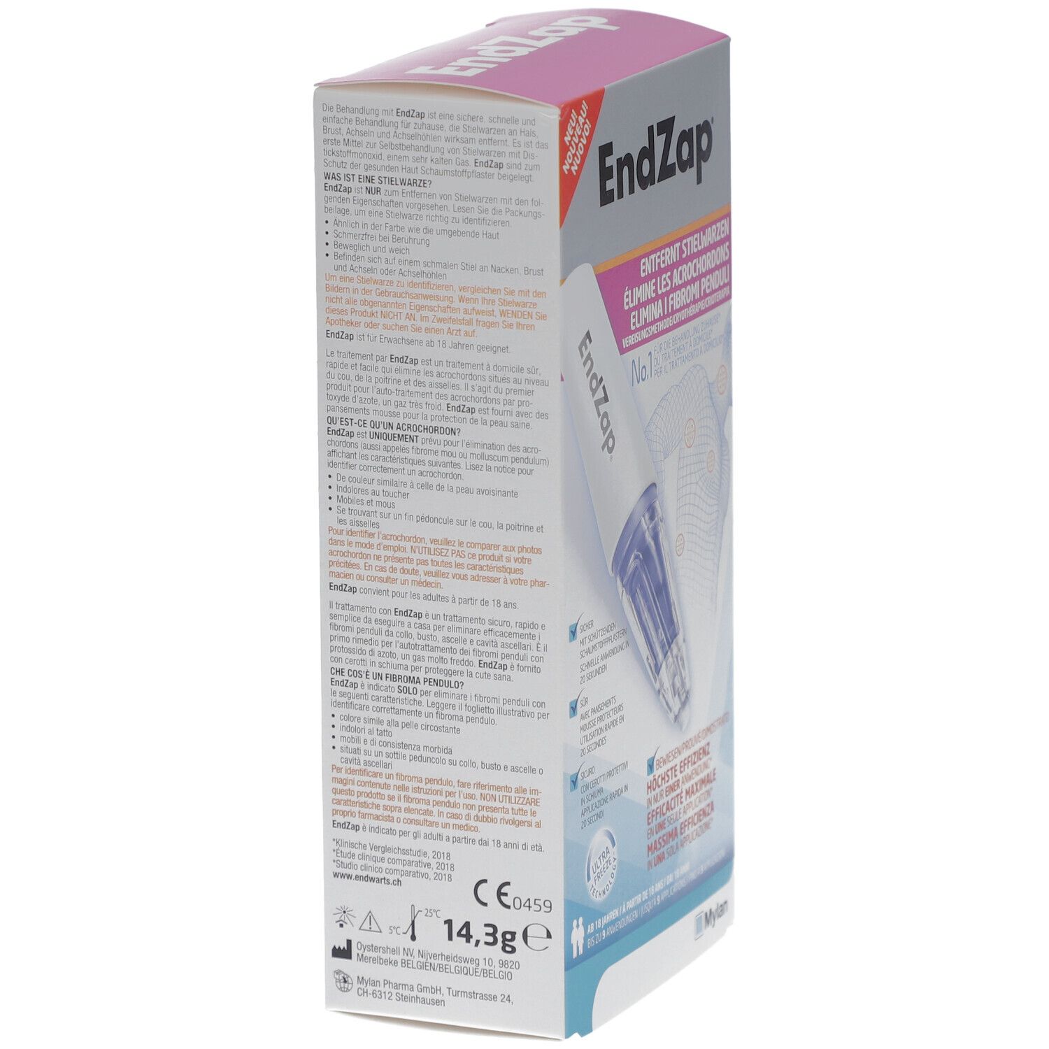 Zijaanzicht van de EndZap-verpakking. Tekst: EndZap, CE 0459, 14,3g. Bevat informatie en instructies.