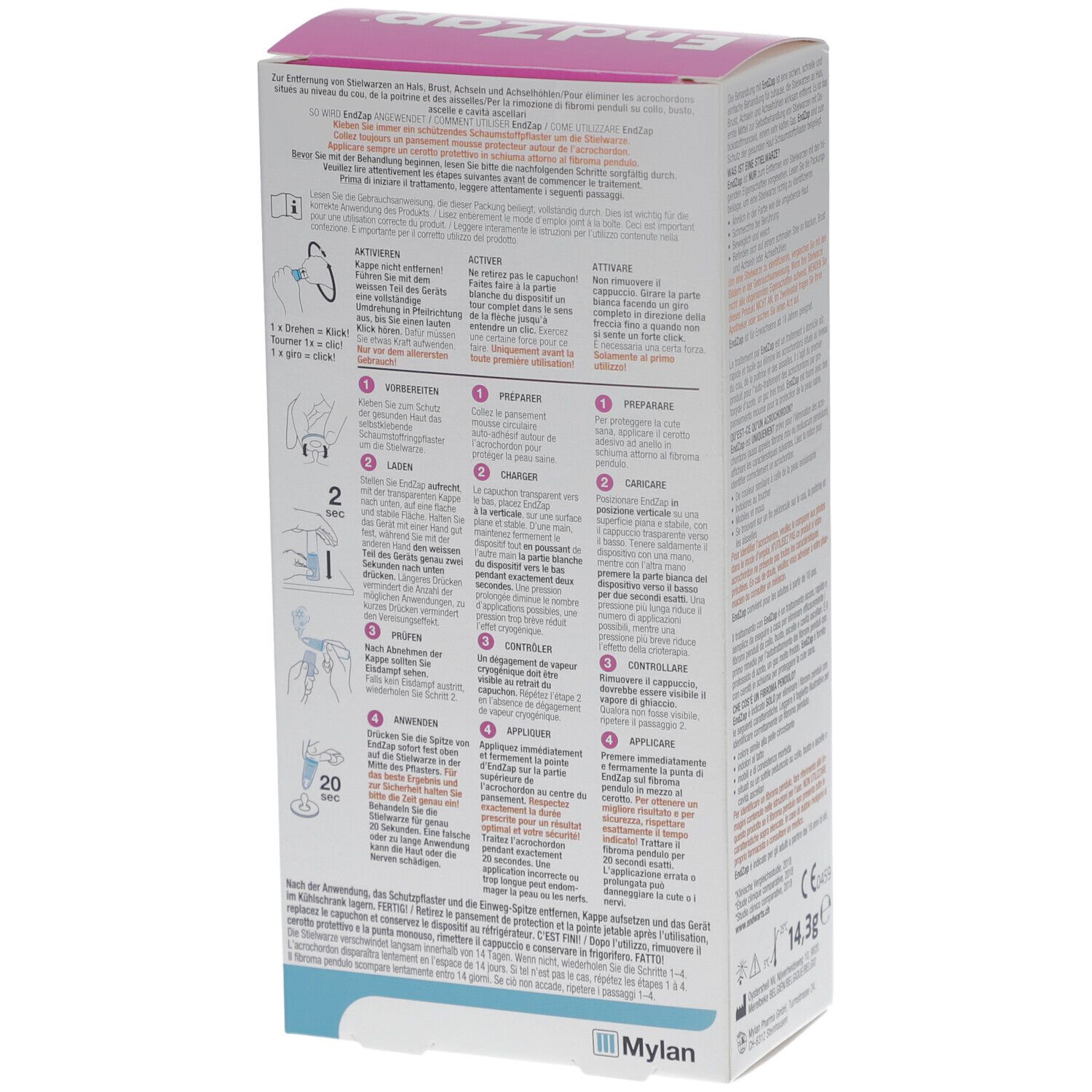 Achterkant van de EndZap-verpakking. Bevat instructies en illustraties voor het gebruik van het product.