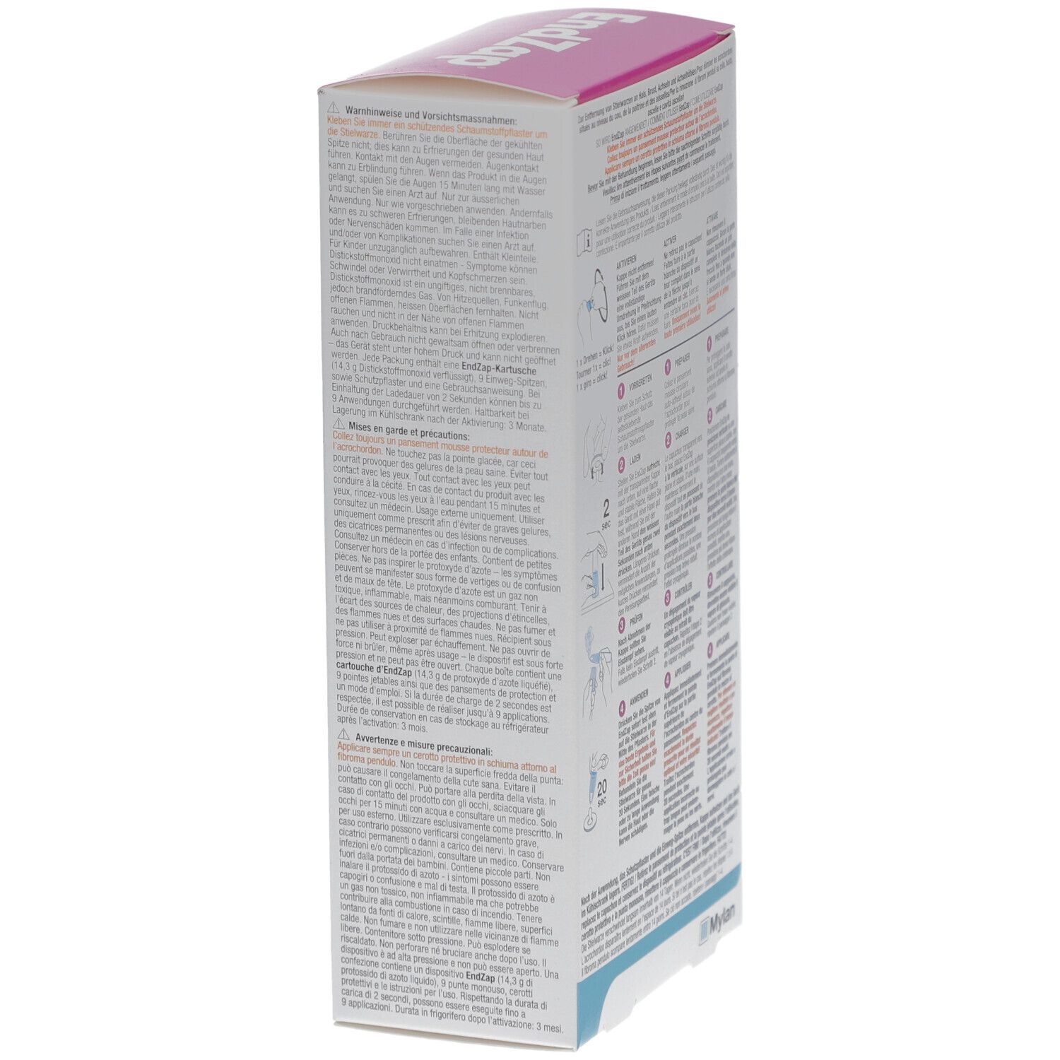 Zijaanzicht van de EndZap-verpakking. Bevat informatie en instructies in meerdere talen.