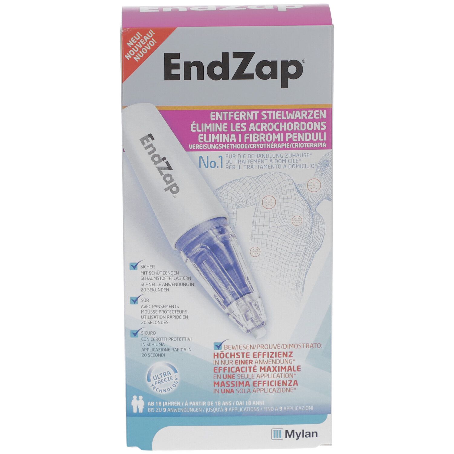 Productverpakking van EndZap. Bevat een applicator-achtig apparaat. Tekst: Verwijdert steelwratten. No.1. Ultra Freeze.