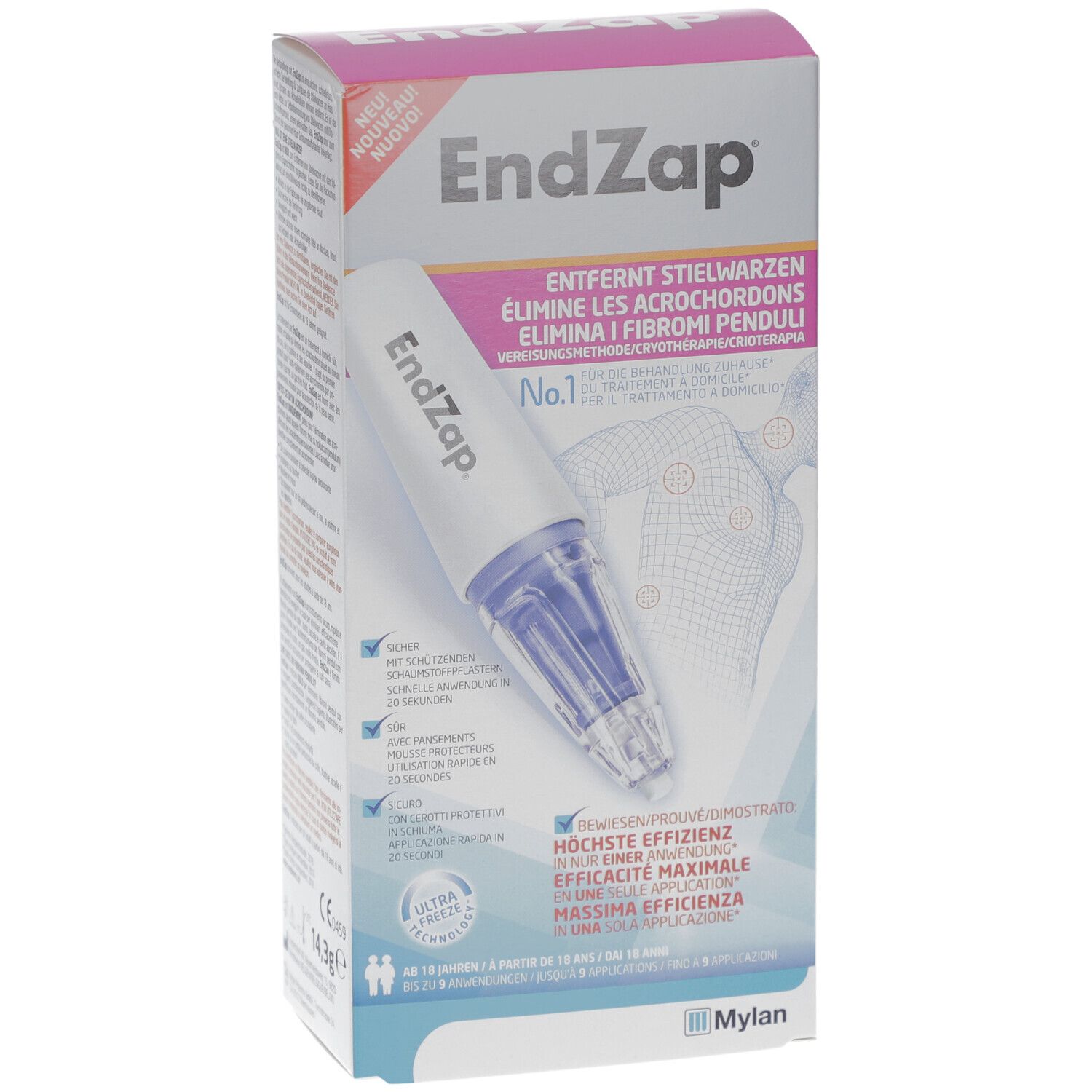 Productverpakking van EndZap. Bevat een applicator-achtig apparaat. Tekst: Verwijdert steelwratten. No.1. Ultra Freeze.