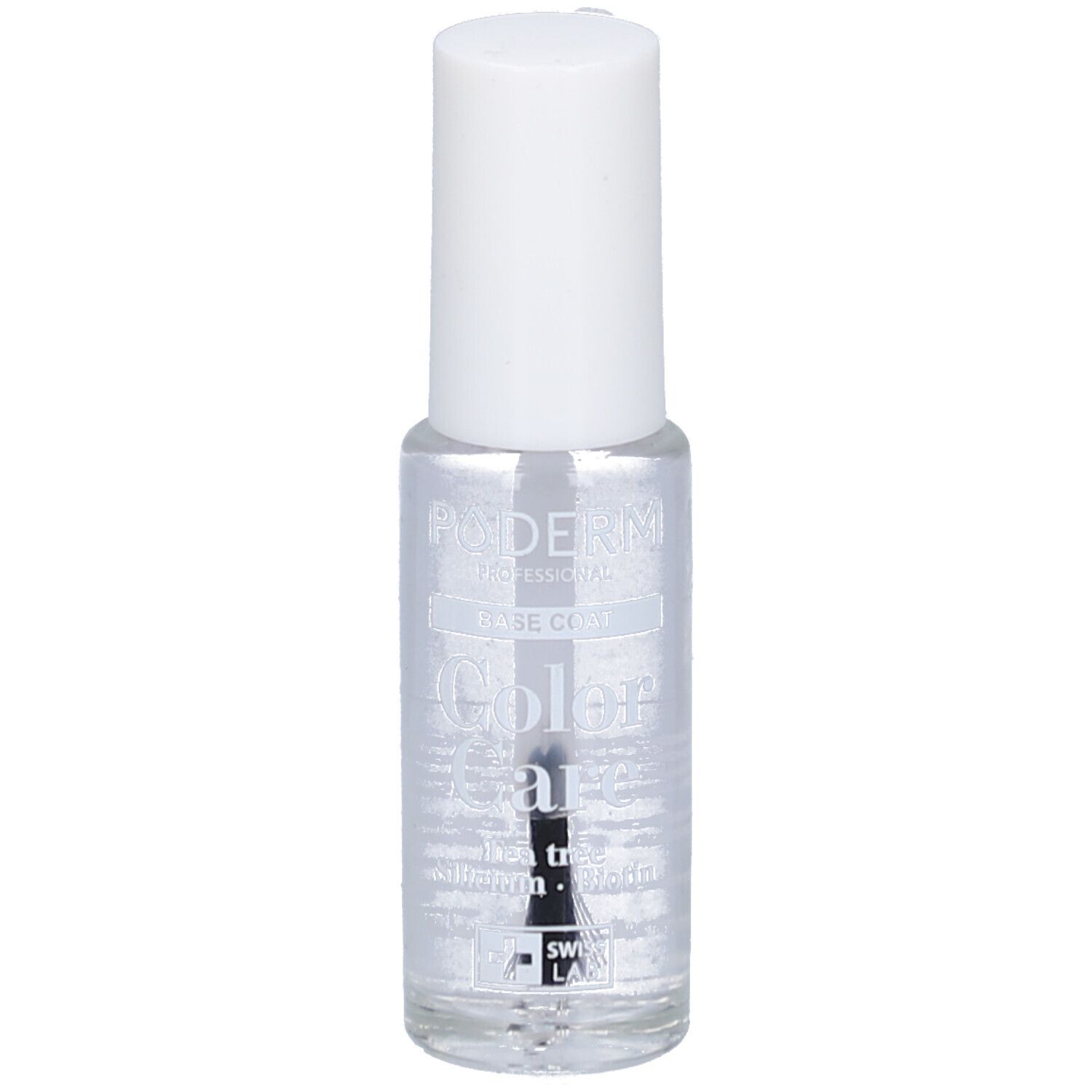 Transparante nagellakfles met witte dop. Opschrift: PODERM, Base Coat, Color Care, Swiss Lab.