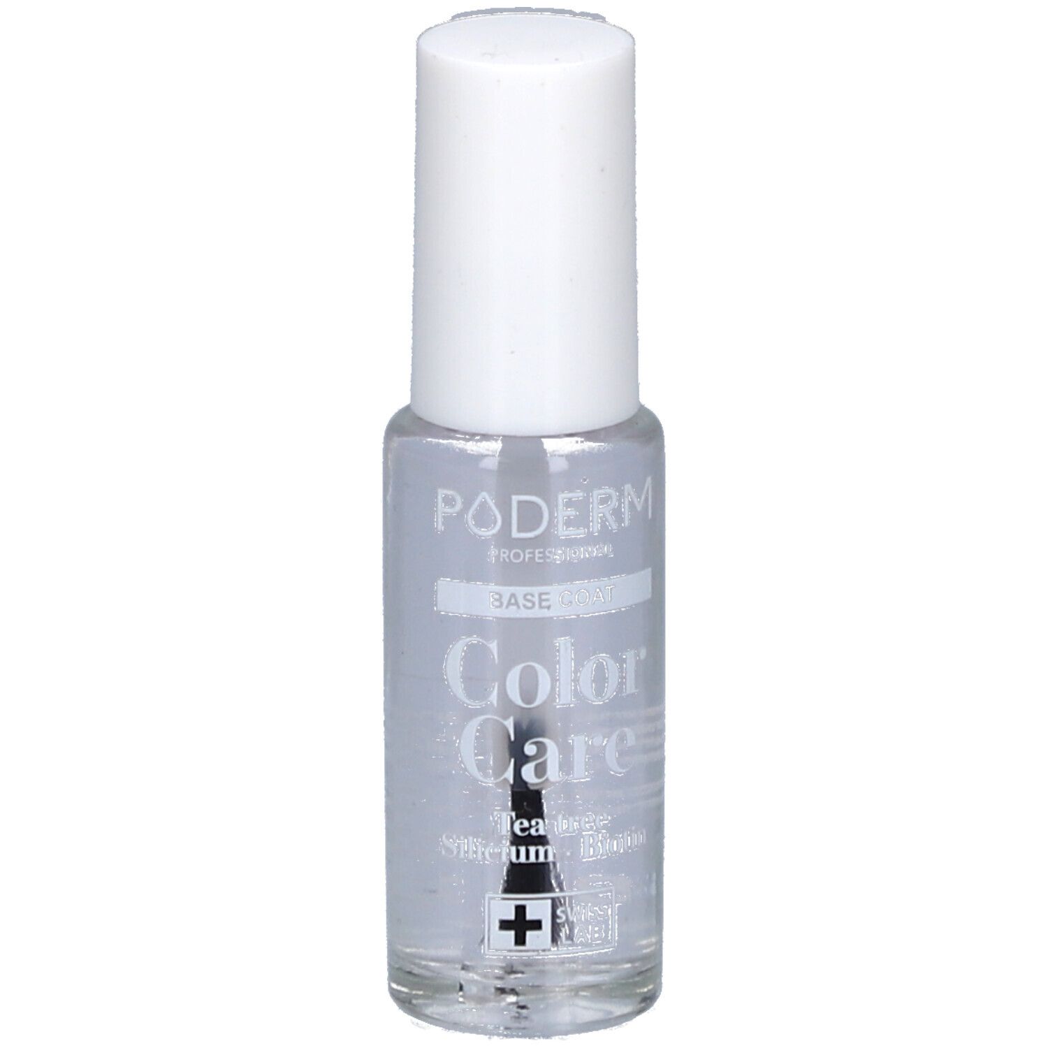 Transparante nagellakfles met witte dop. Opschrift: PODERM, Base Coat, Color Care, Swiss Lab.