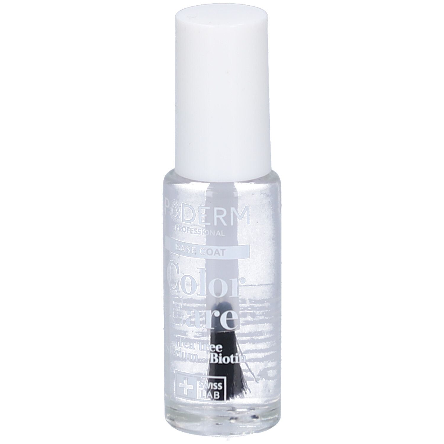 Transparante nagellakfles met witte dop. Opschrift: PODERM, Base Coat, Color Care, Swiss Lab.