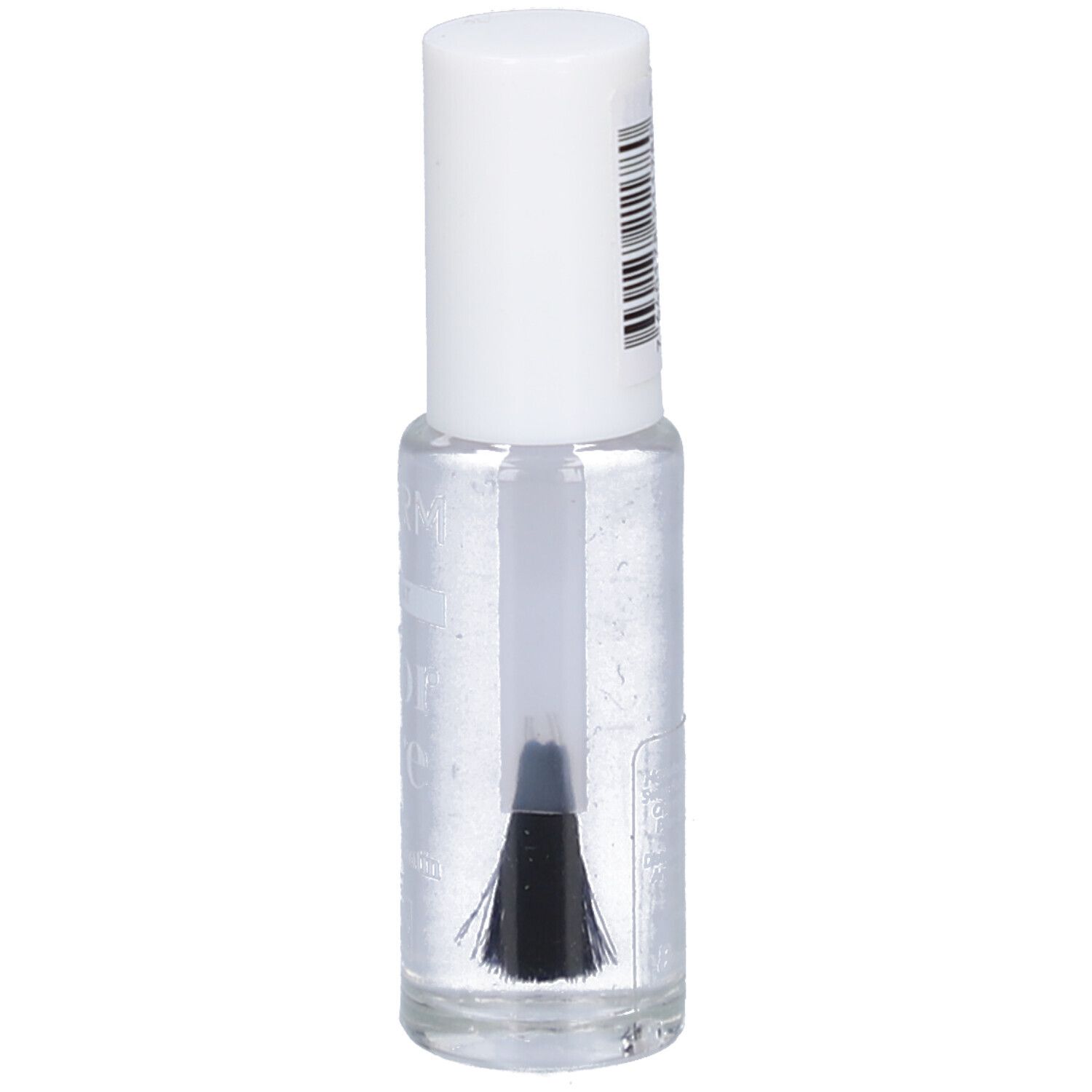 Transparante nagellakfles met witte dop. Penseel zichtbaar.