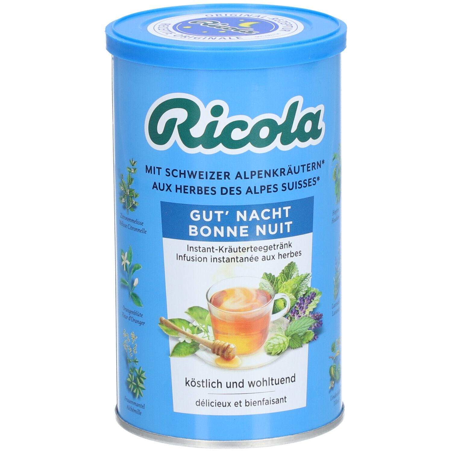 Boîte bleue Ricola avec 'Gut' Nacht'. Illustration d'herbes et de thé. Texte en allemand et français.