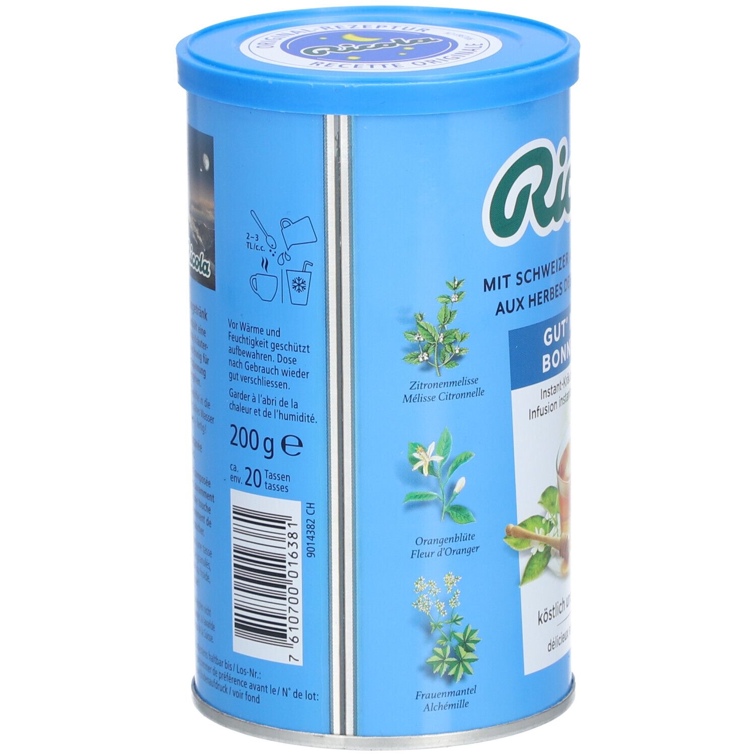 Boîte bleue Ricola. Dos avec ingrédients, 200g, et illustrations d'herbes. Texte en allemand et français.