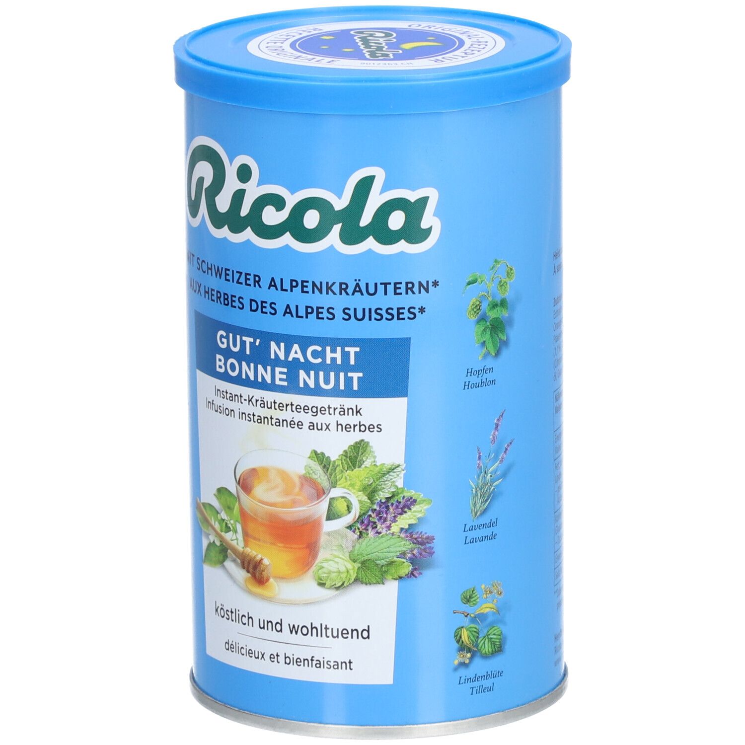 Boîte bleue Ricola avec 'Gut' Nacht'. Illustrations d'herbes. Texte en allemand et français.