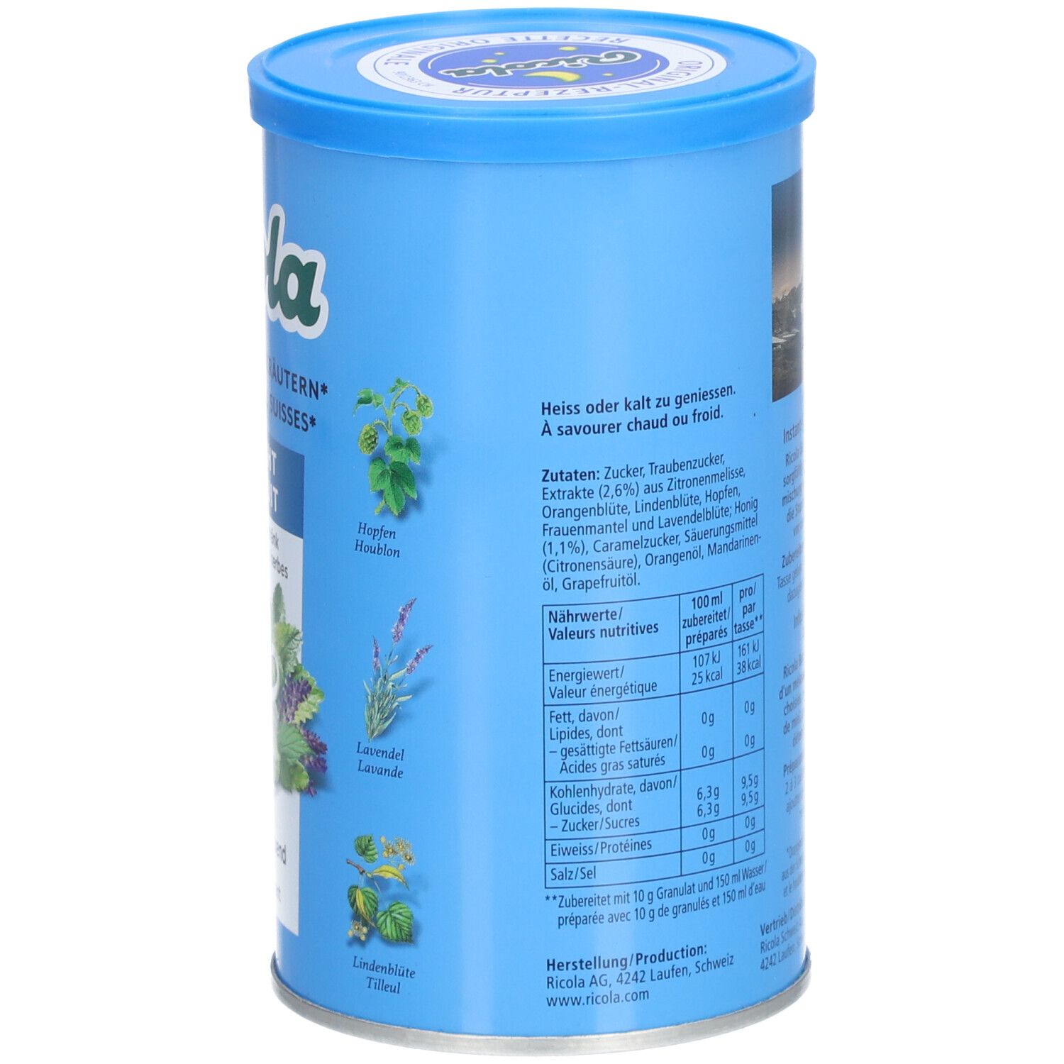 Boîte bleue Ricola. Dos avec informations nutritionnelles et illustrations d'herbes. Texte en allemand.