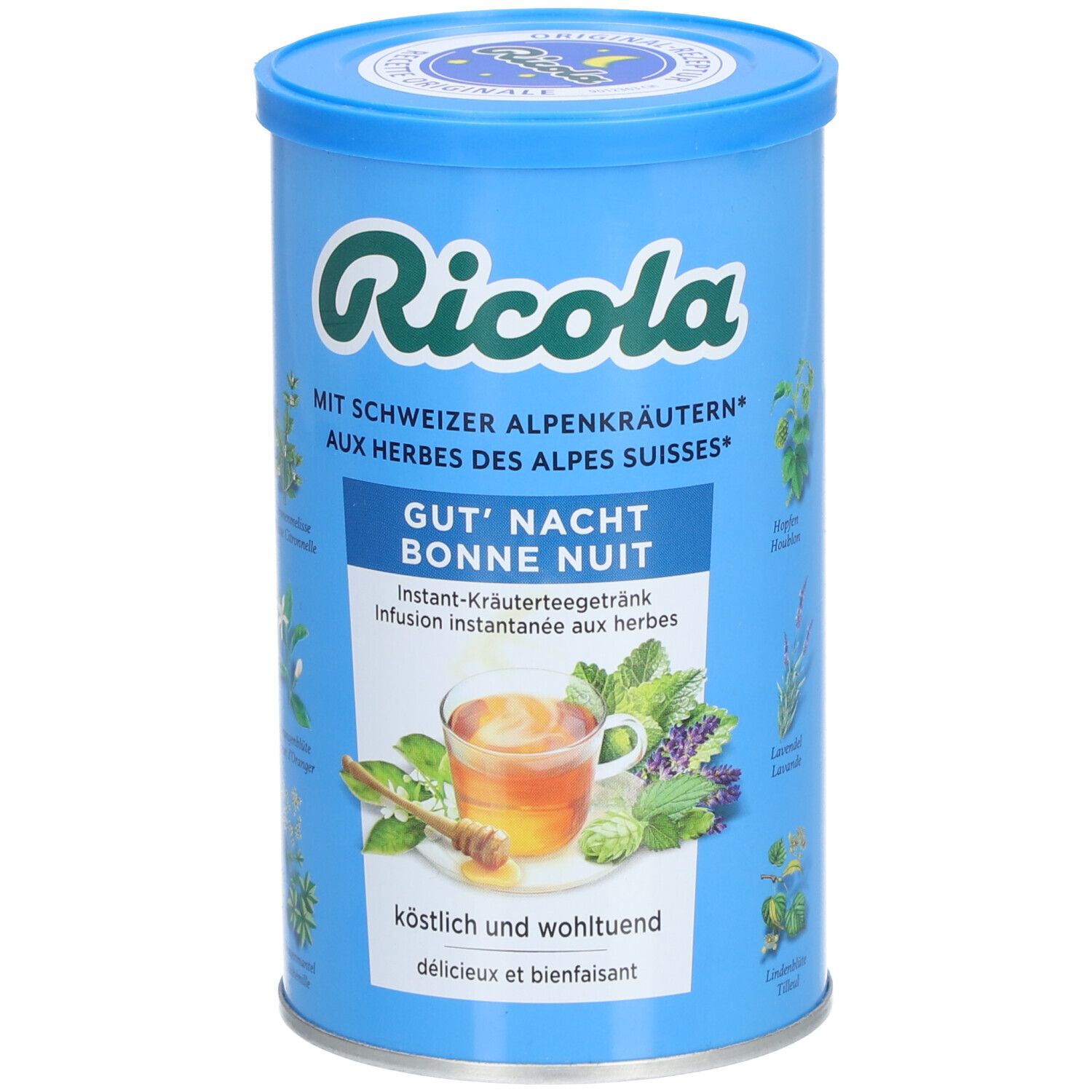 Boîte bleue Ricola avec 'Gut' Nacht'. Illustration d'herbes et de thé. Inscription en allemand et français.