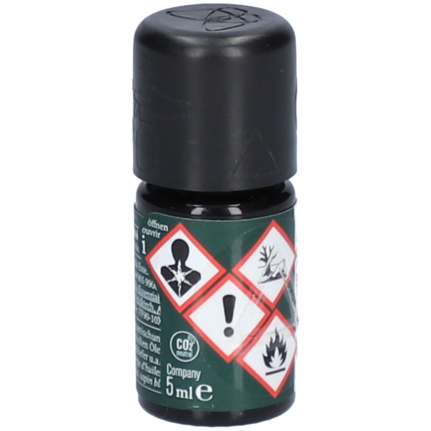 Kleine glazen fles met zwarte dop. Waarschuwingen: gezondheidsgevaar, uitroepteken, milieugevaar, vlam. 5ml.