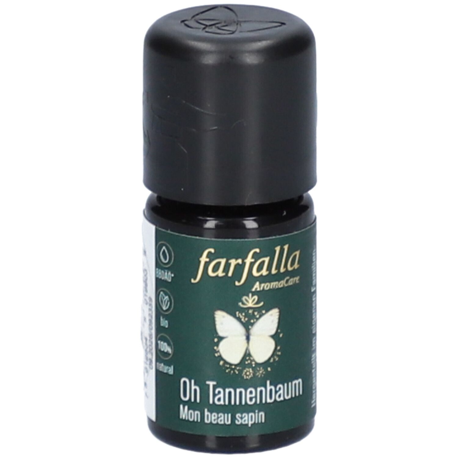 Kleine glazen fles met zwarte dop. Opschrift: farfalla AromaCare, Oh Tannenbaum, Mon beau sapin. Groene achtergrond.