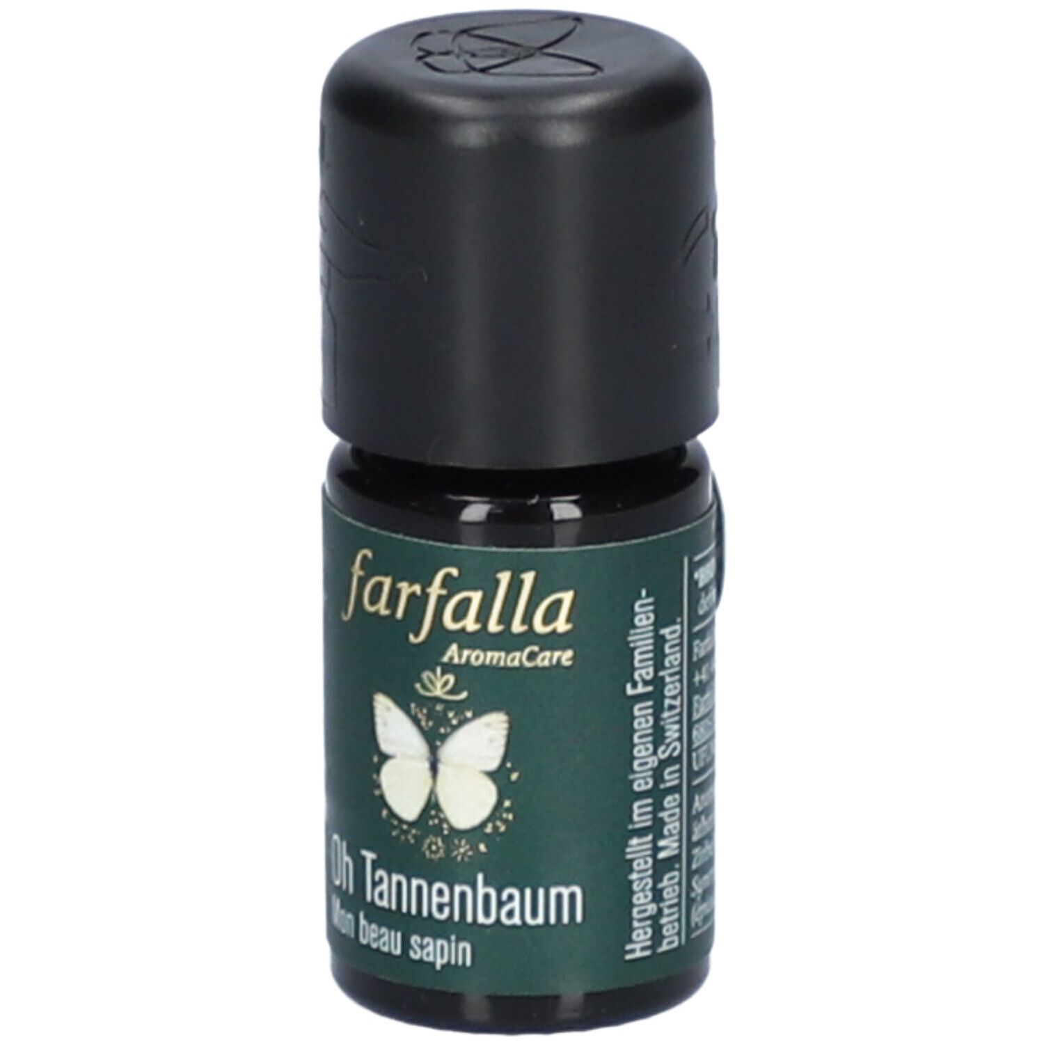 Kleine glazen fles met zwarte dop. Opschrift: farfalla AromaCare, Oh Tannenbaum, Mon beau sapin. Gemaakt in Zwitserland.