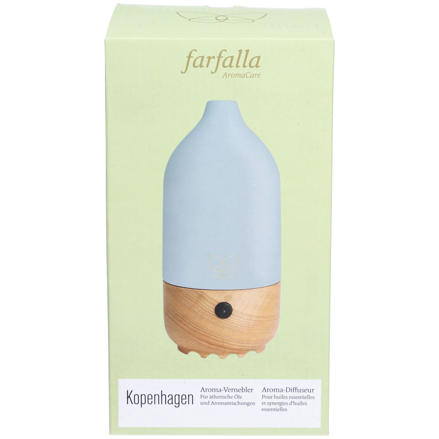 Aromaverspreider Kopenhagen in verpakking. Lichtblauwe houder met houten voet. Merk: farfalla.