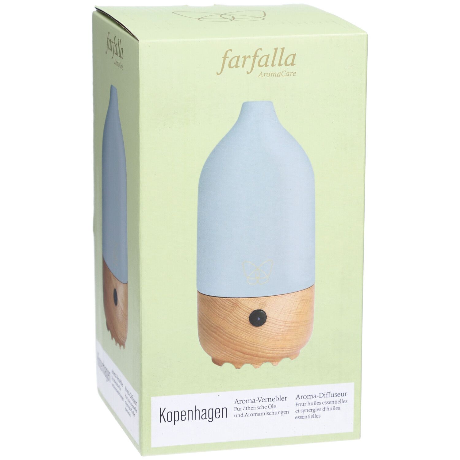 Aromaverspreider Kopenhagen in verpakking. Lichtblauwe houder met houten voet. Merk: farfalla.