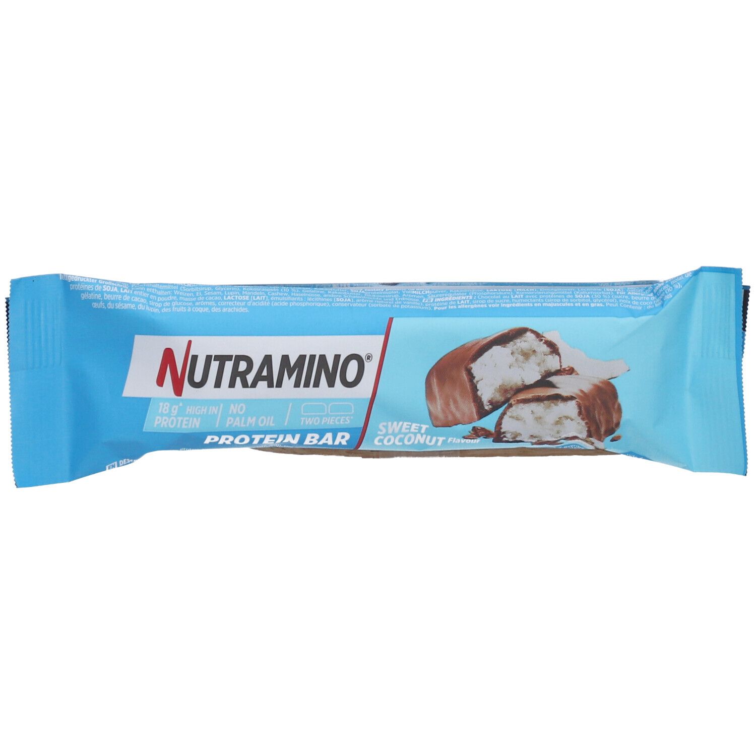 Barre protéinée NUTRAMINO, saveur noix de coco. Barre enrobée de chocolat avec garniture à la noix de coco.