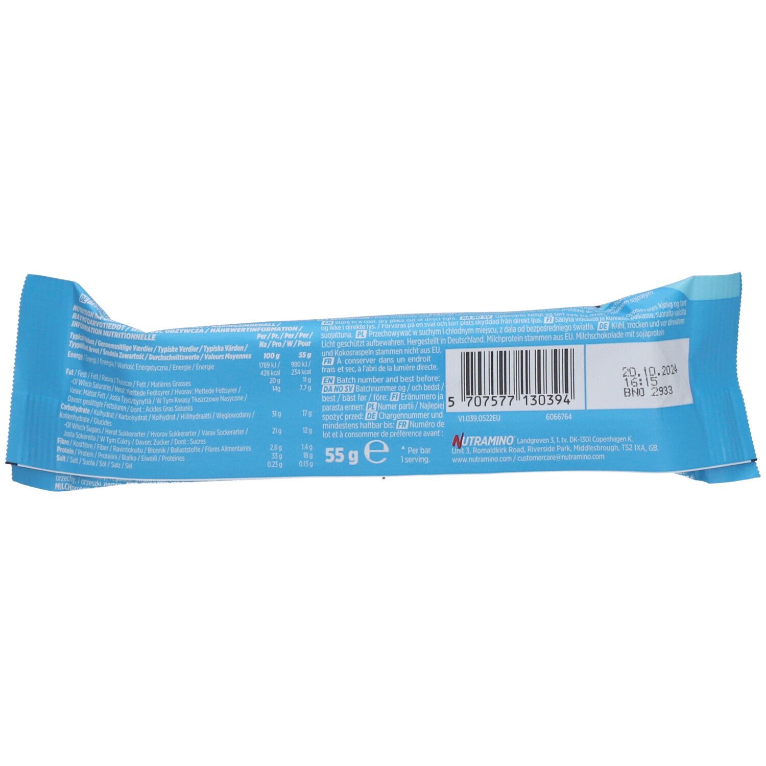 Arrière d'une barre protéinée NUTRAMINO avec informations nutritionnelles et code-barres. 55g.