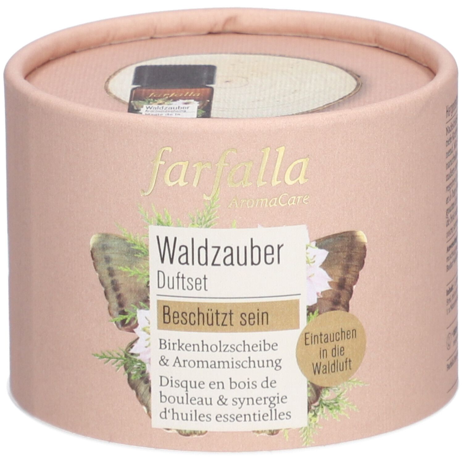 Emballage rond rose. Inscription: farfalla AromaCare, Waldzauber Duftset. Contient disque en bois et mélange aromatique.