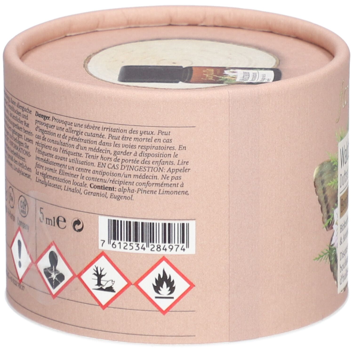 Dos de l'emballage. Texte: 5ml, avertissements de danger, code-barres. Pictogrammes: danger pour la santé, environnement, inflammabilité.