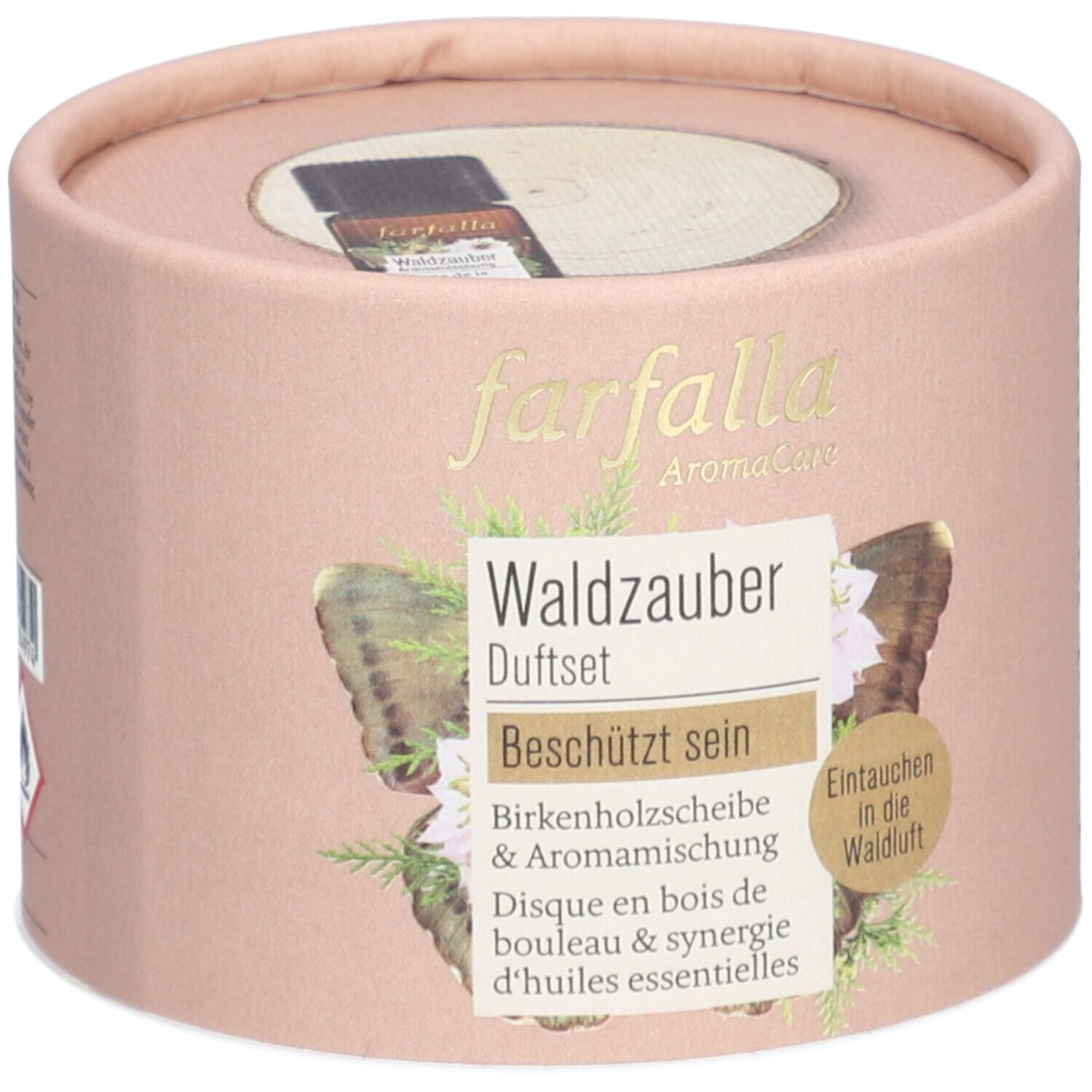 Emballage rond rose. Inscription: farfalla AromaCare, Waldzauber Duftset. Contient disque en bois et mélange aromatique.