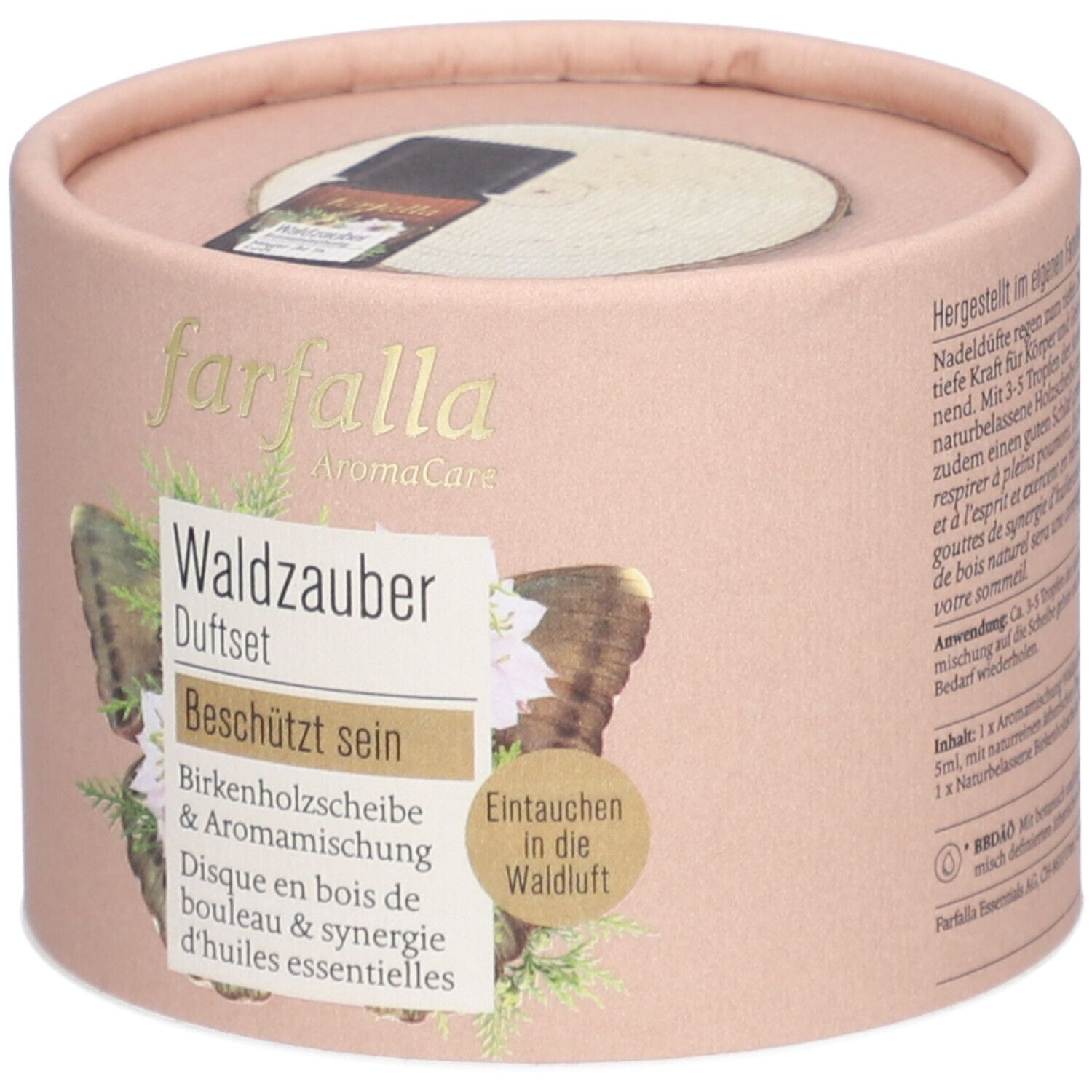 Emballage rond rose. Inscription: farfalla AromaCare, Waldzauber Duftset. Contient disque en bois et mélange aromatique.