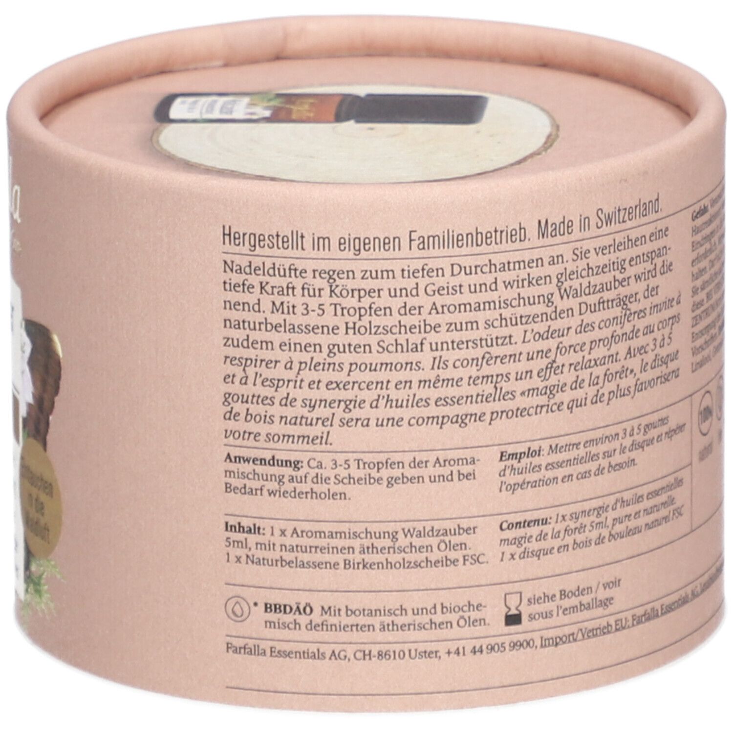Dos de l'emballage. Texte: utilisation, contenu, recommandation. Contient mélange aromatique, disque en bois. Fabriqué en Suisse.
