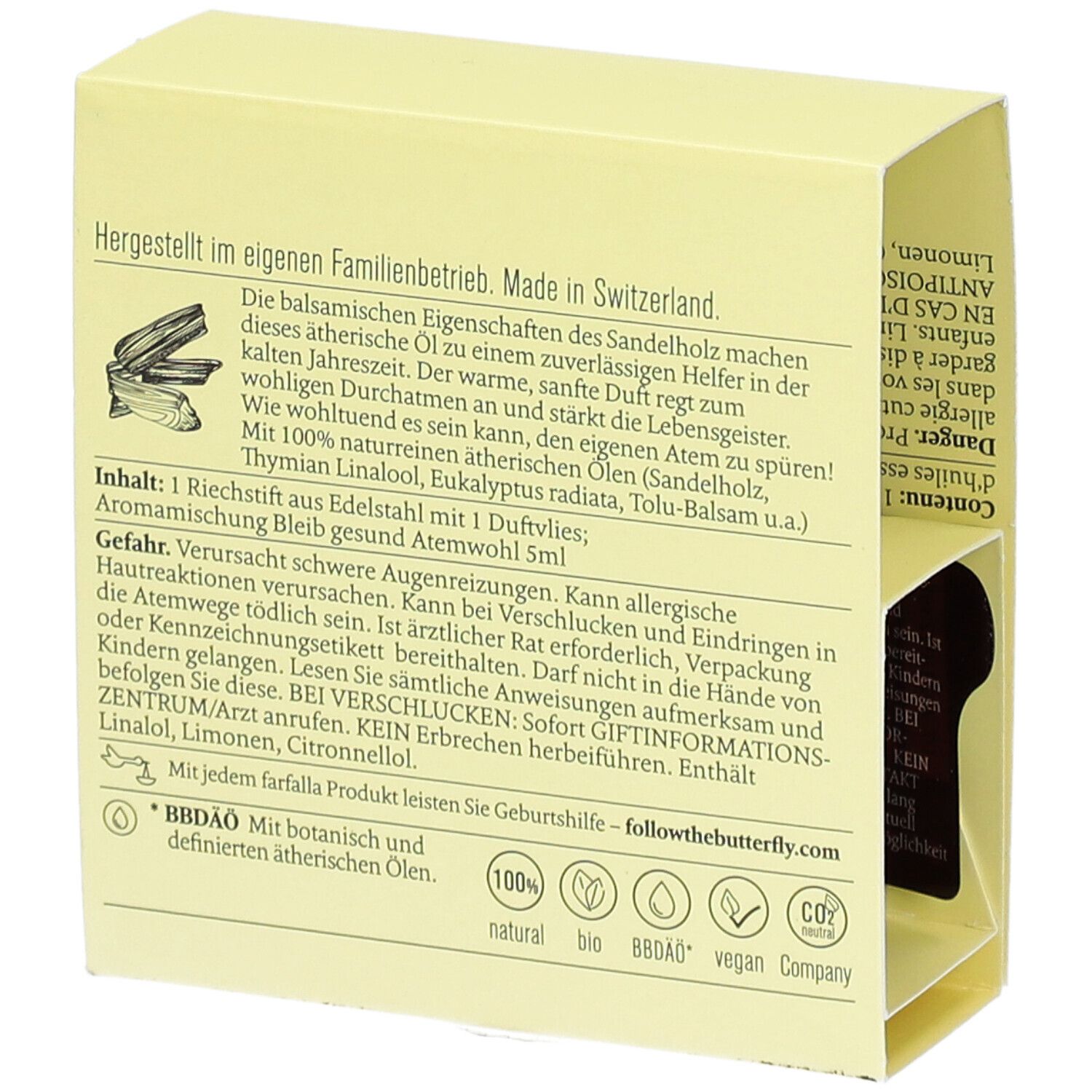 Emballage jaune avec texte. Texte : Ingrédients, avertissements, informations du fabricant, certifications. Logo : BBDÂO, végétalien, neutre en CO2.